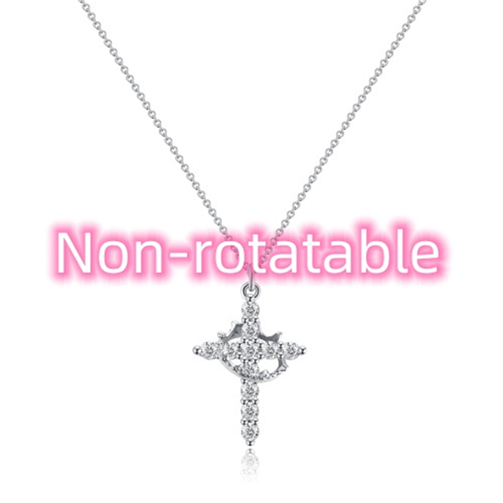 Fashion Jewelry Cross Full Diamond Crown Rotatable Necklace