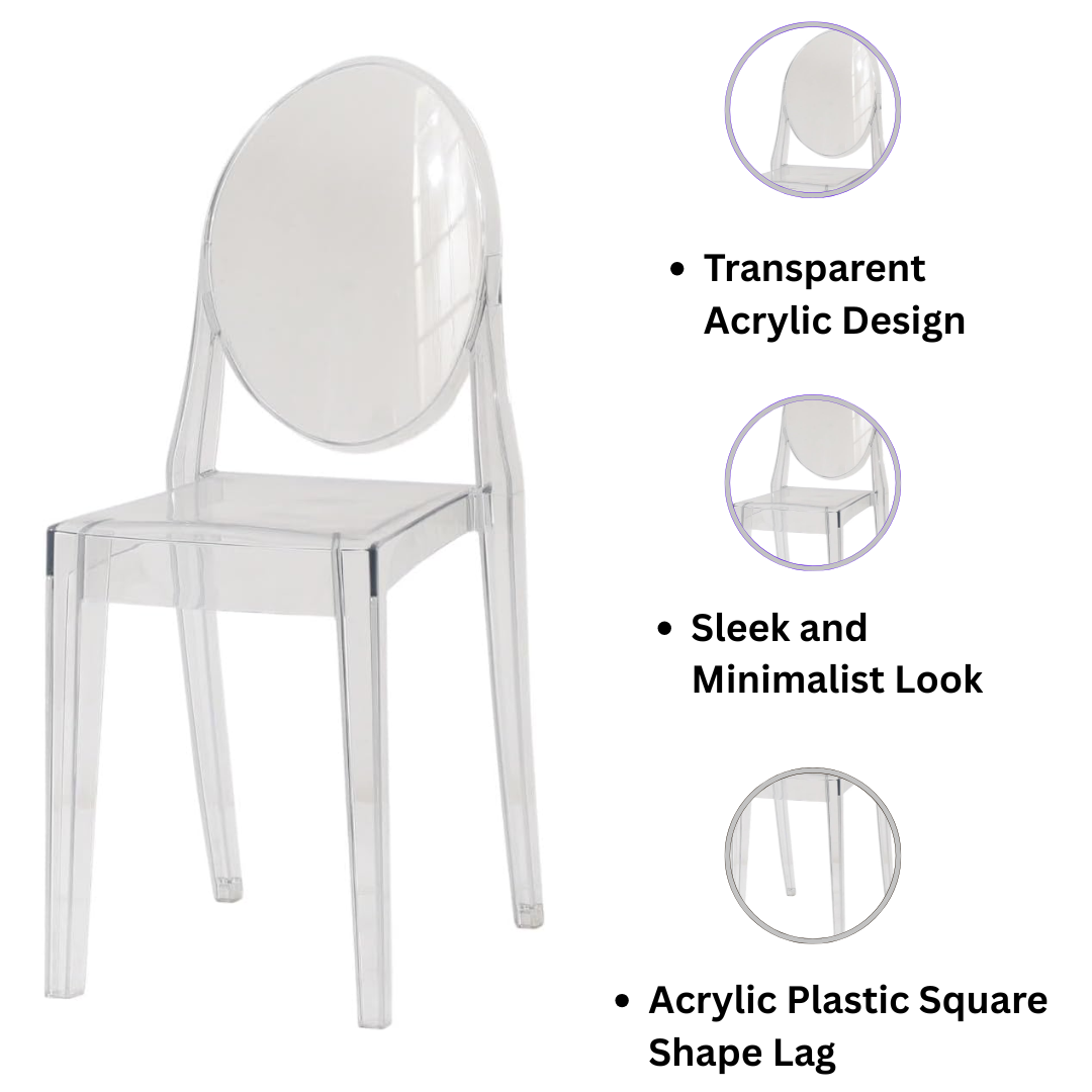 Modern and Contemporary Ghost Clear Plastic Dining Chair – Sleek and Minimalist Look, Transparent Acrylic Design for Dining Rooms, Kitchens, Offices, or Indoor and Outdoor Use