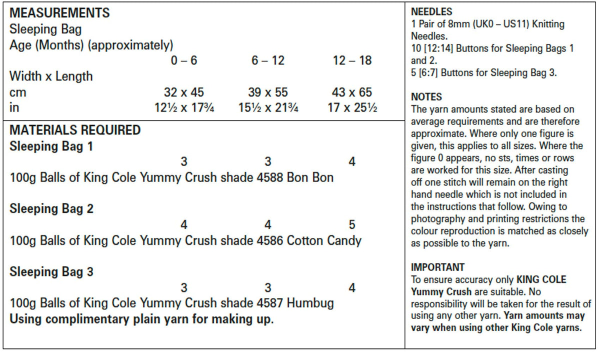 King Cole 4903 Knitting Pattern Babies Sleeping Bags Snuggle Sacks in Yummy Crush Chunky