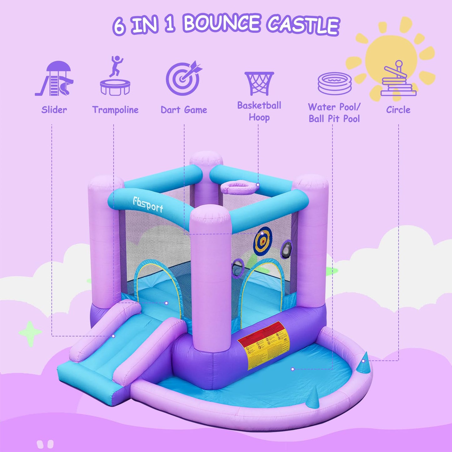 FBSPORT 5-in-1 Inflatable Bounce House – Galaxy Theme Castle with Ball Pit, Dart Game & Basketball Hoop