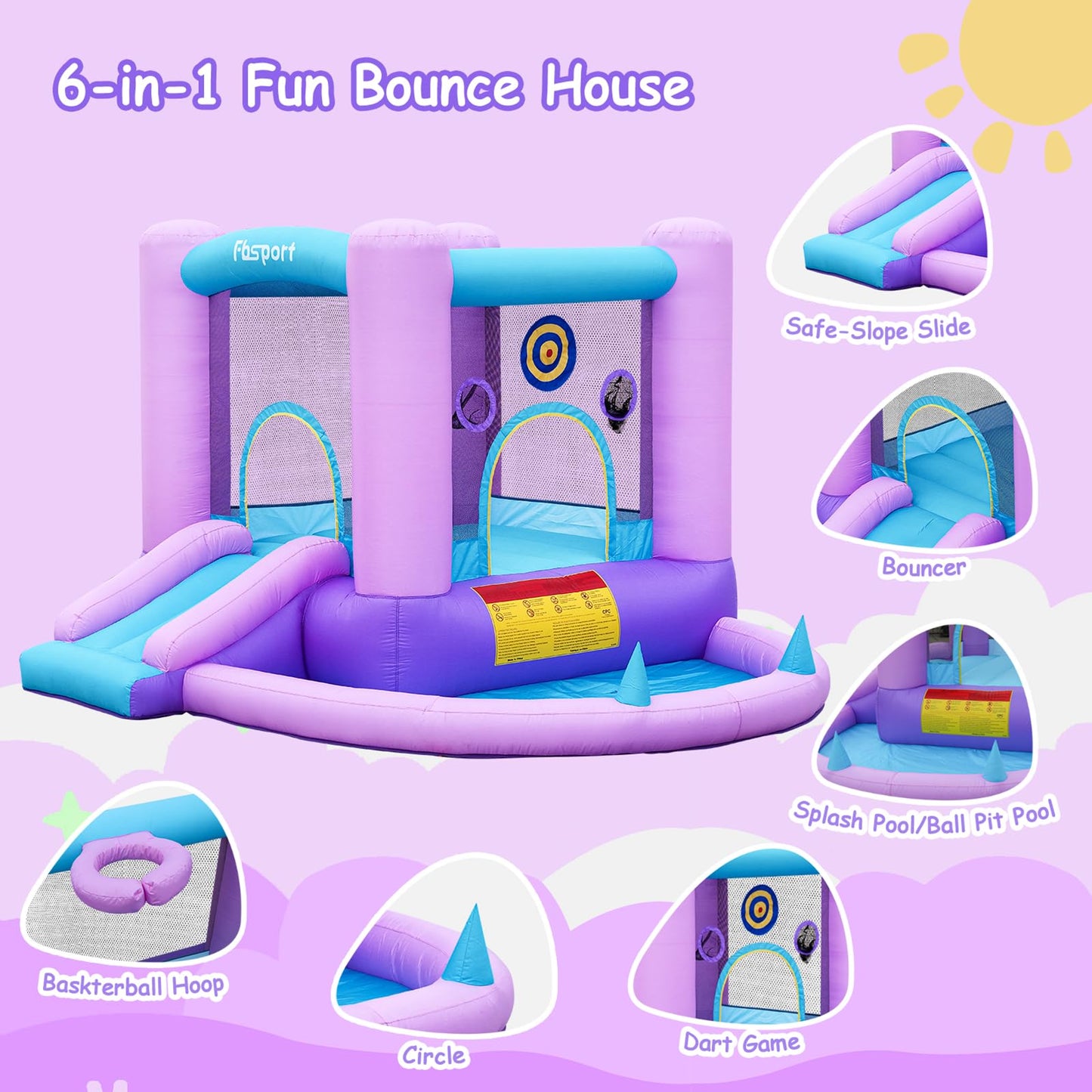 FBSPORT 5-in-1 Inflatable Bounce House – Galaxy Theme Castle with Ball Pit, Dart Game & Basketball Hoop