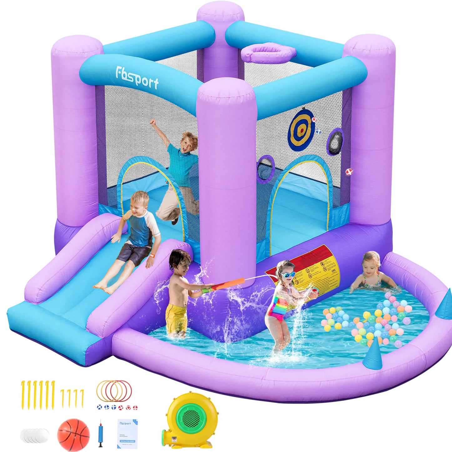 FBSPORT 5-in-1 Inflatable Bounce House – Galaxy Theme Castle with Ball Pit, Dart Game & Basketball Hoop