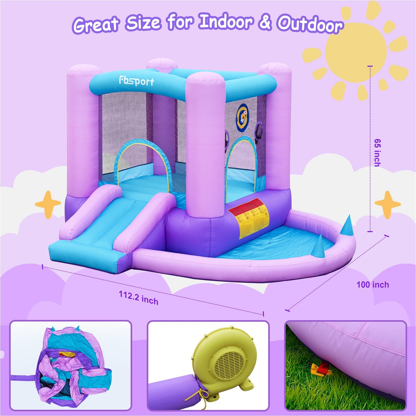 FBSPORT 5-in-1 Inflatable Bounce House – Galaxy Theme Castle with Ball Pit, Dart Game & Basketball Hoop