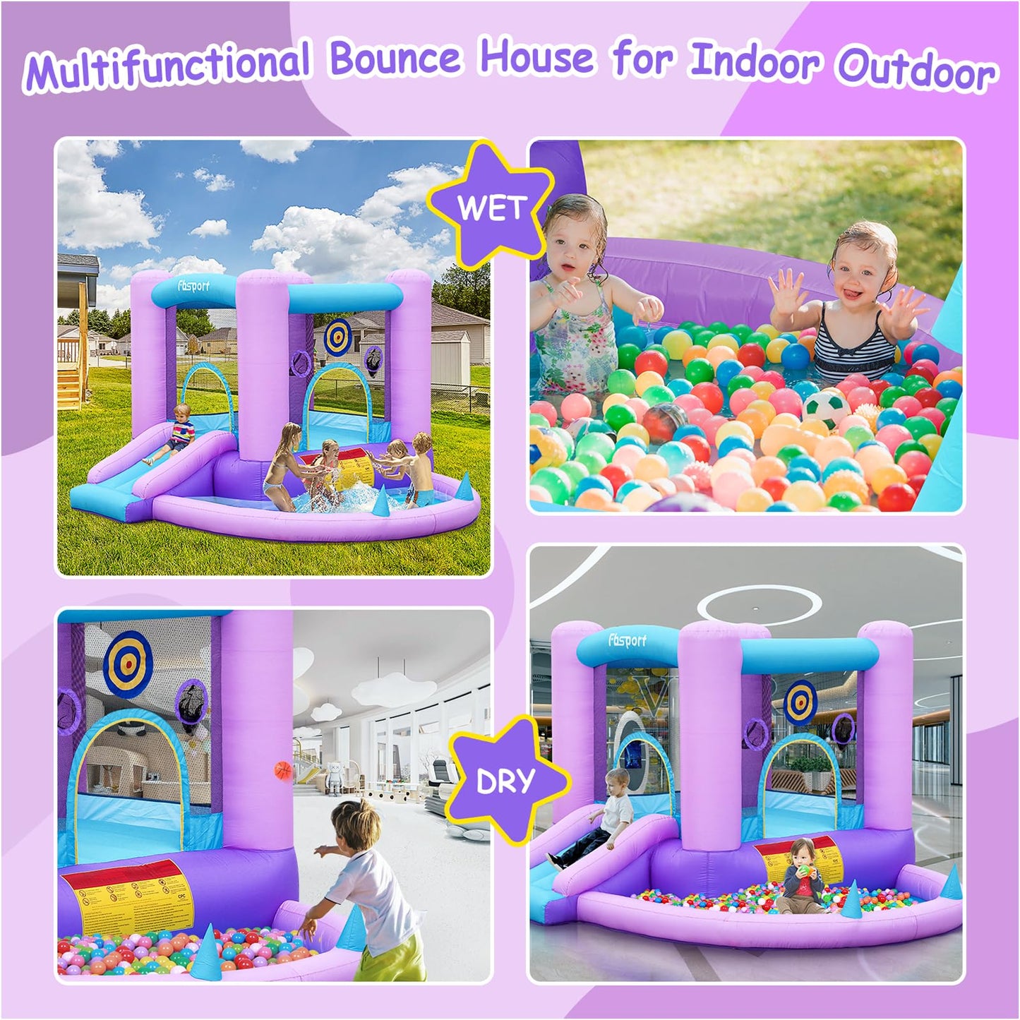FBSPORT 5-in-1 Inflatable Bounce House – Galaxy Theme Castle with Ball Pit, Dart Game & Basketball Hoop