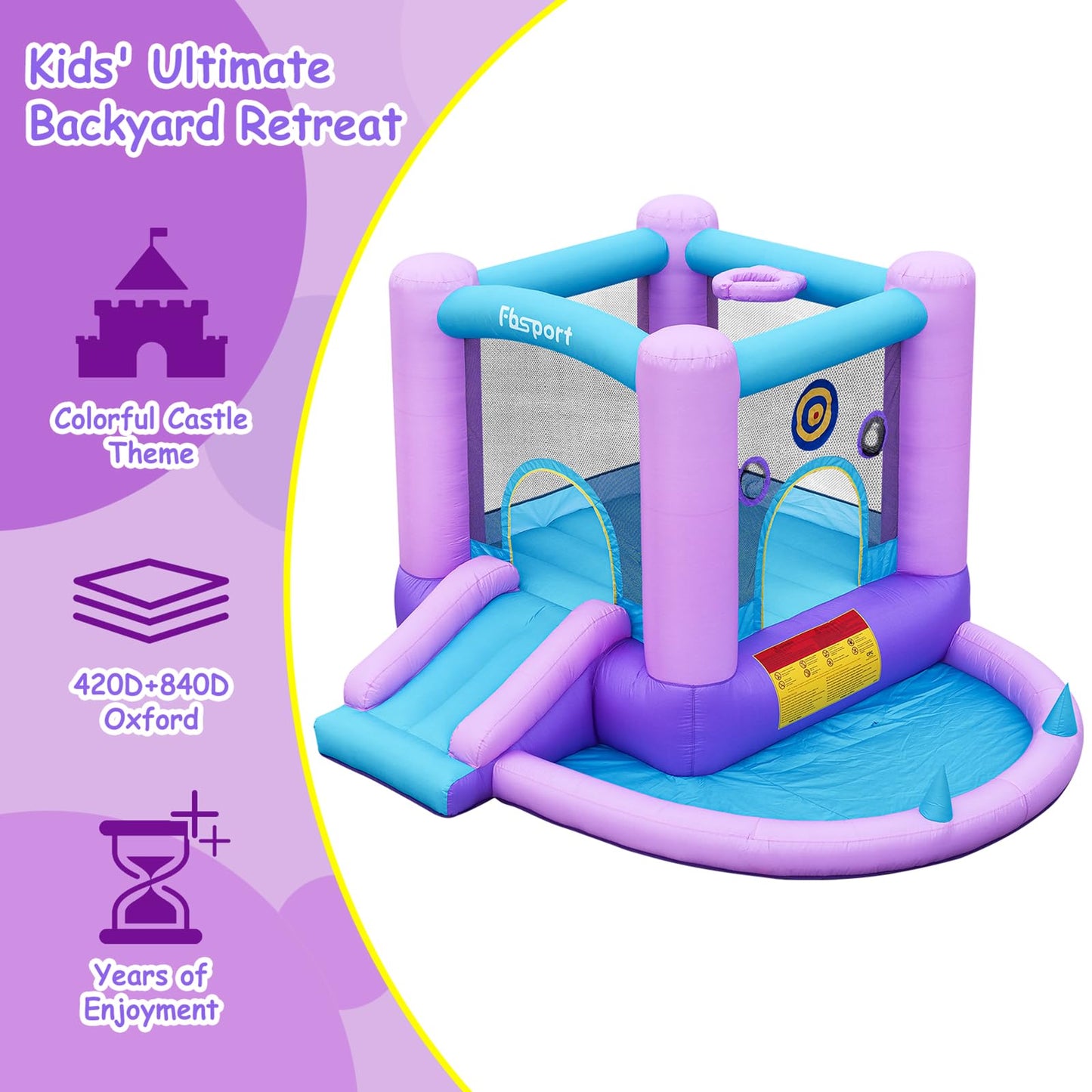 FBSPORT 5-in-1 Inflatable Bounce House – Galaxy Theme Castle with Ball Pit, Dart Game & Basketball Hoop