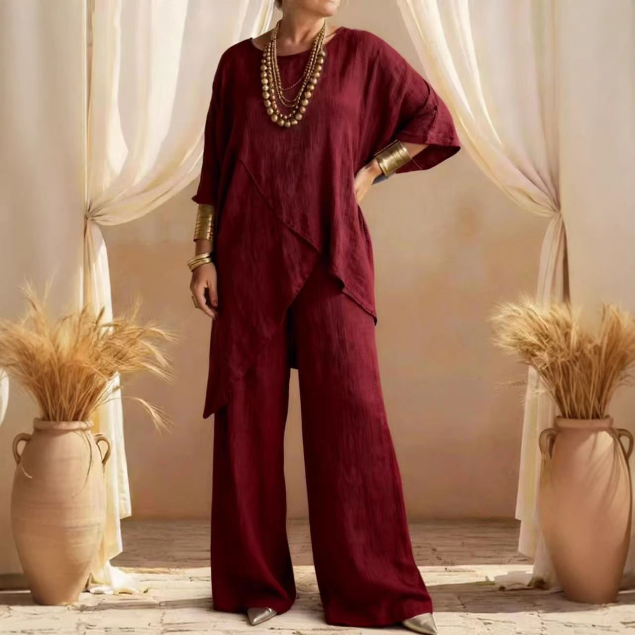 Womens Cotton-linen Crew-neck Loose Casual Two-pieces Set
