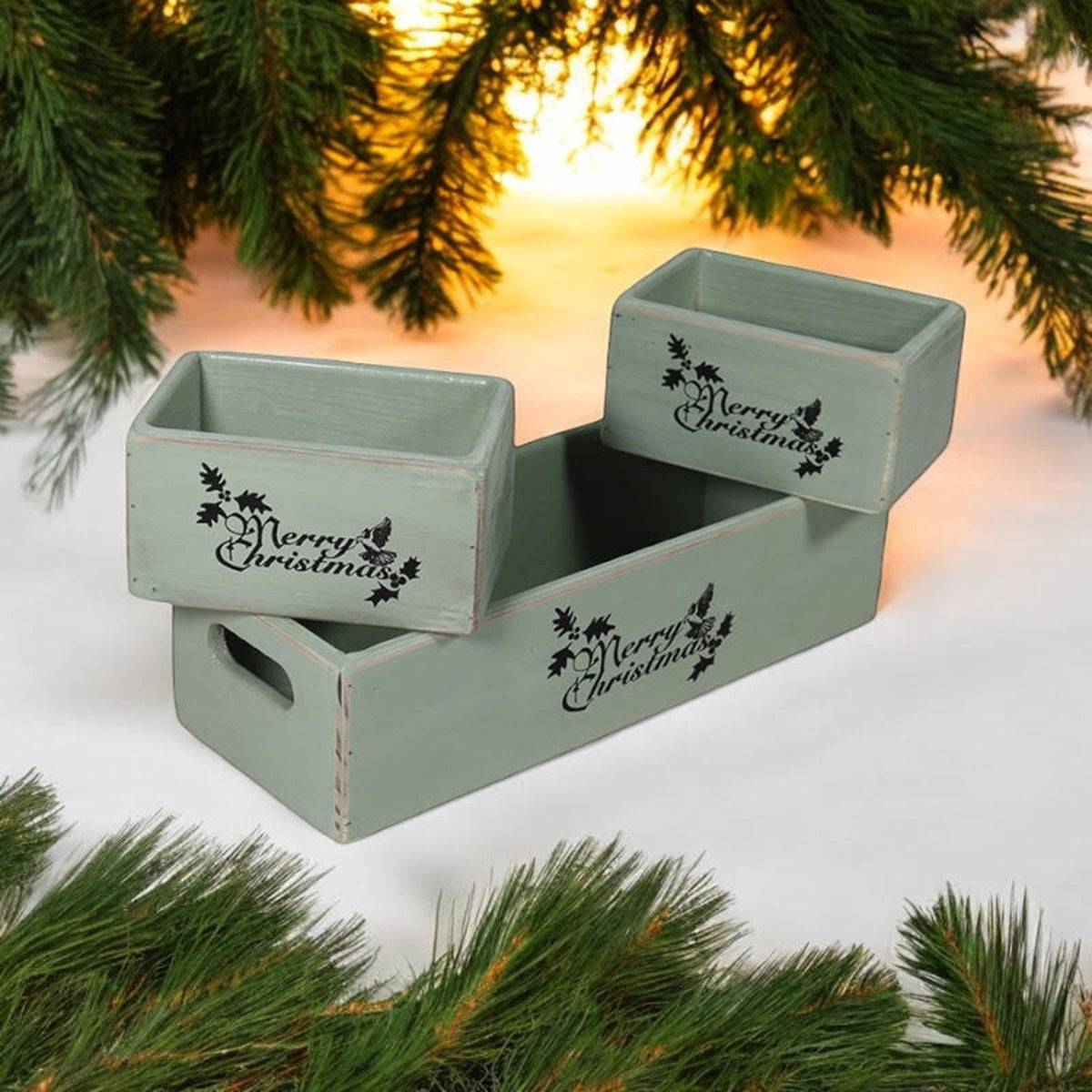 34/15/15CM SET 3 RUSTIC GREEN WOODEN BOXES