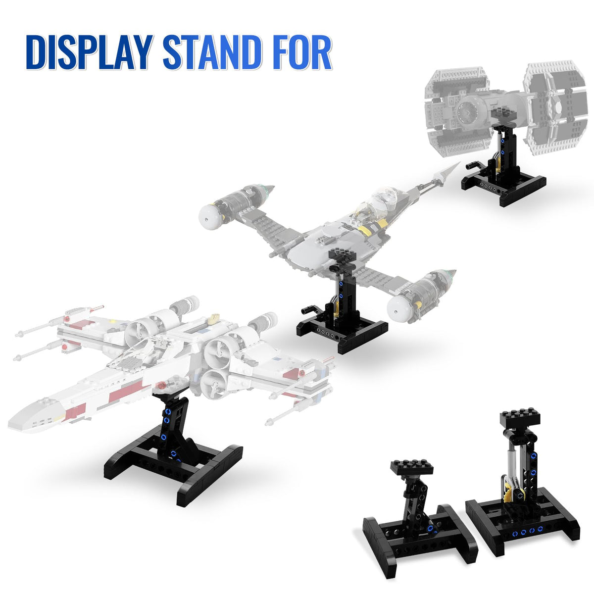 FCEYOUT Display Stand for Lego X-Wing 75301, TIE Bomber 75347, Mando N-1 75325 – Adjustable 2-Pack