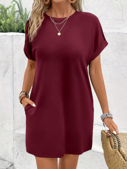 Women's Solid-color Loose-fitting Round-neck Dress With Pockets