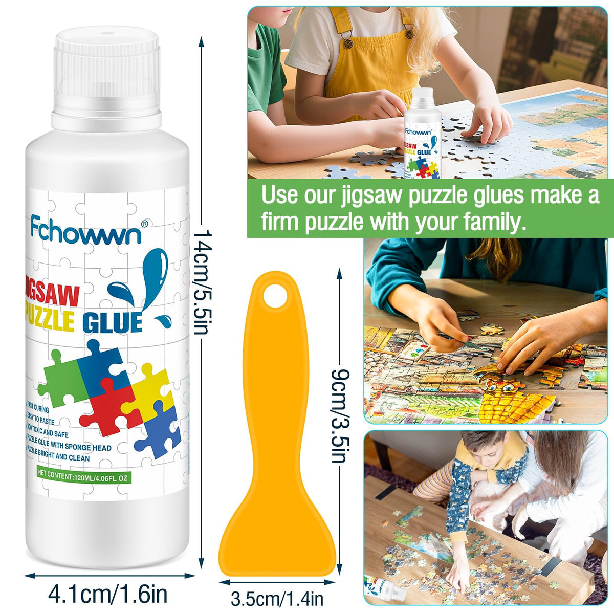 Fchowwn Jigsaw Puzzle Glue – 2 x 120ml, Non-Toxic, Quick-Drying, Clear Finish, Sponge Head & 3 Scrapers