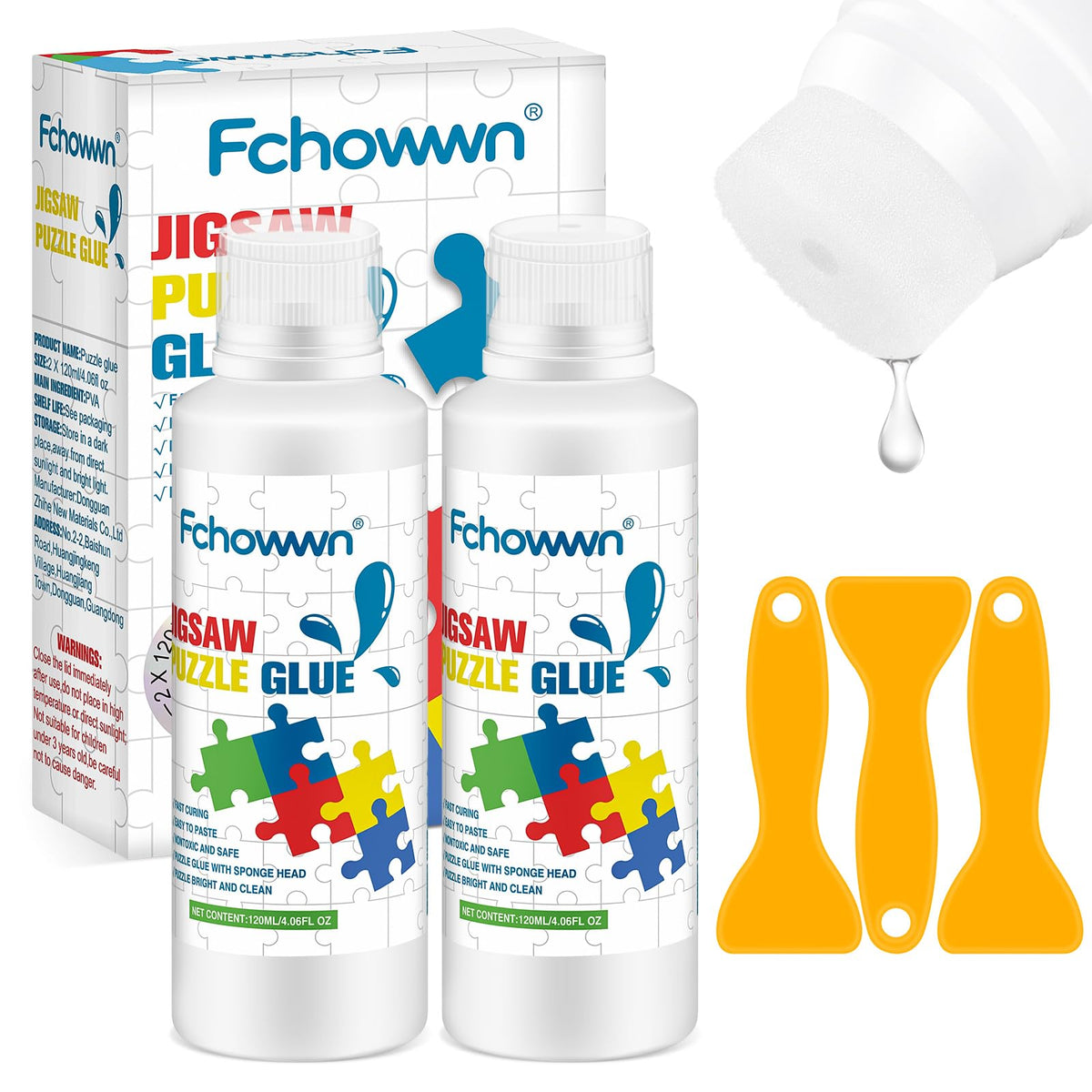 Fchowwn Jigsaw Puzzle Glue – 2 x 120ml, Non-Toxic, Quick-Drying, Clear Finish, Sponge Head & 3 Scrapers