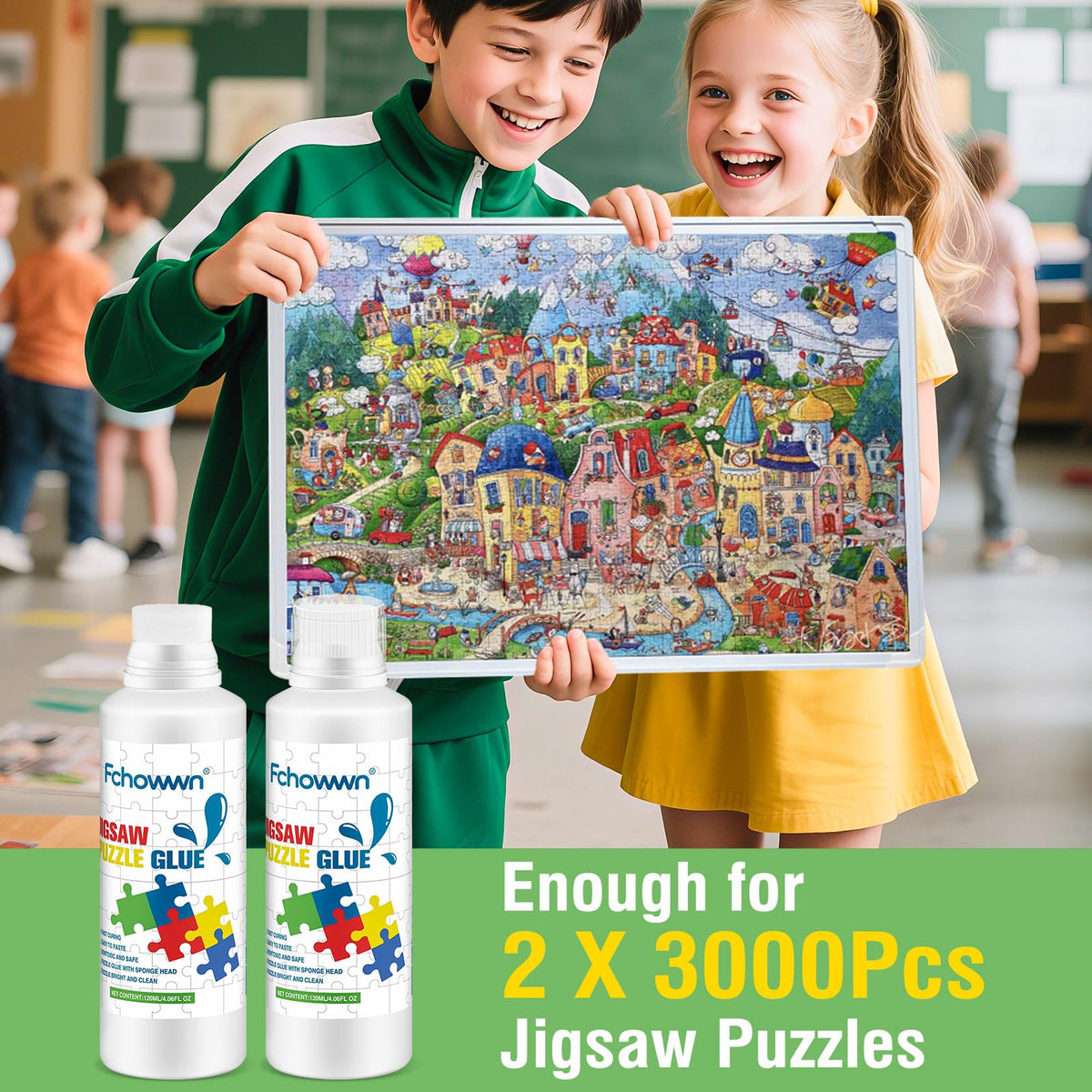 Fchowwn Jigsaw Puzzle Glue – 2 x 120ml, Non-Toxic, Quick-Drying, Clear Finish, Sponge Head & 3 Scrapers