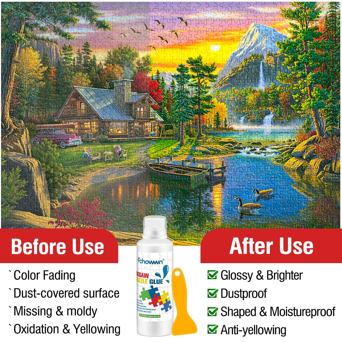 Fchowwn Jigsaw Puzzle Glue – 2 x 120ml, Non-Toxic, Quick-Drying, Clear Finish, Sponge Head & 3 Scrapers