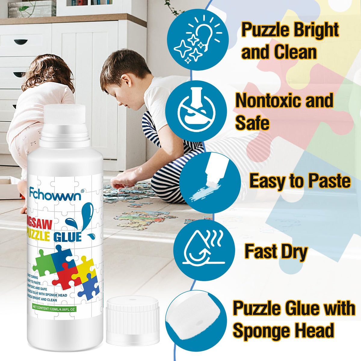Fchowwn Jigsaw Puzzle Glue – 2 x 120ml, Non-Toxic, Quick-Drying, Clear Finish, Sponge Head & 3 Scrapers