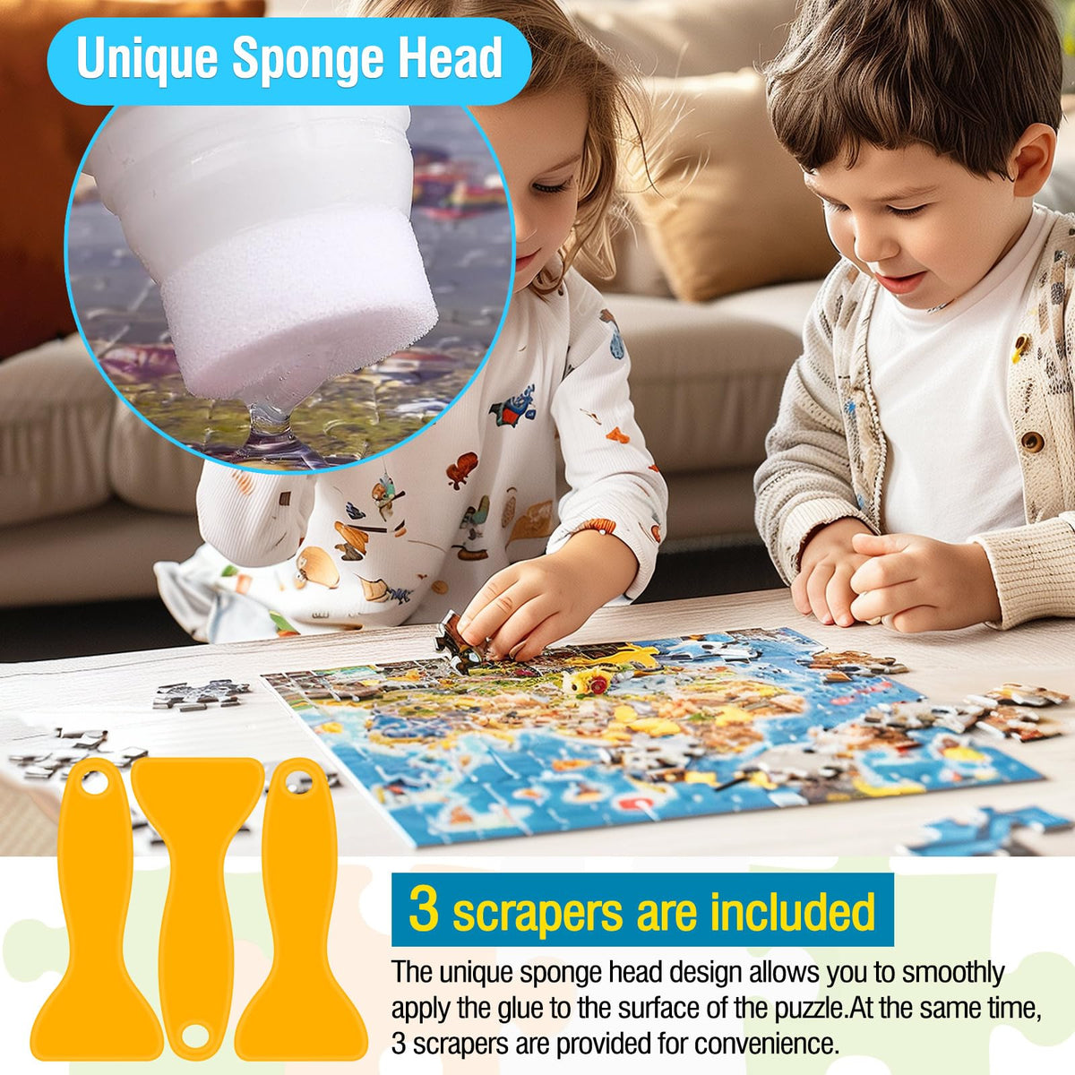 Fchowwn Jigsaw Puzzle Glue – 2 x 120ml, Non-Toxic, Quick-Drying, Clear Finish, Sponge Head & 3 Scrapers