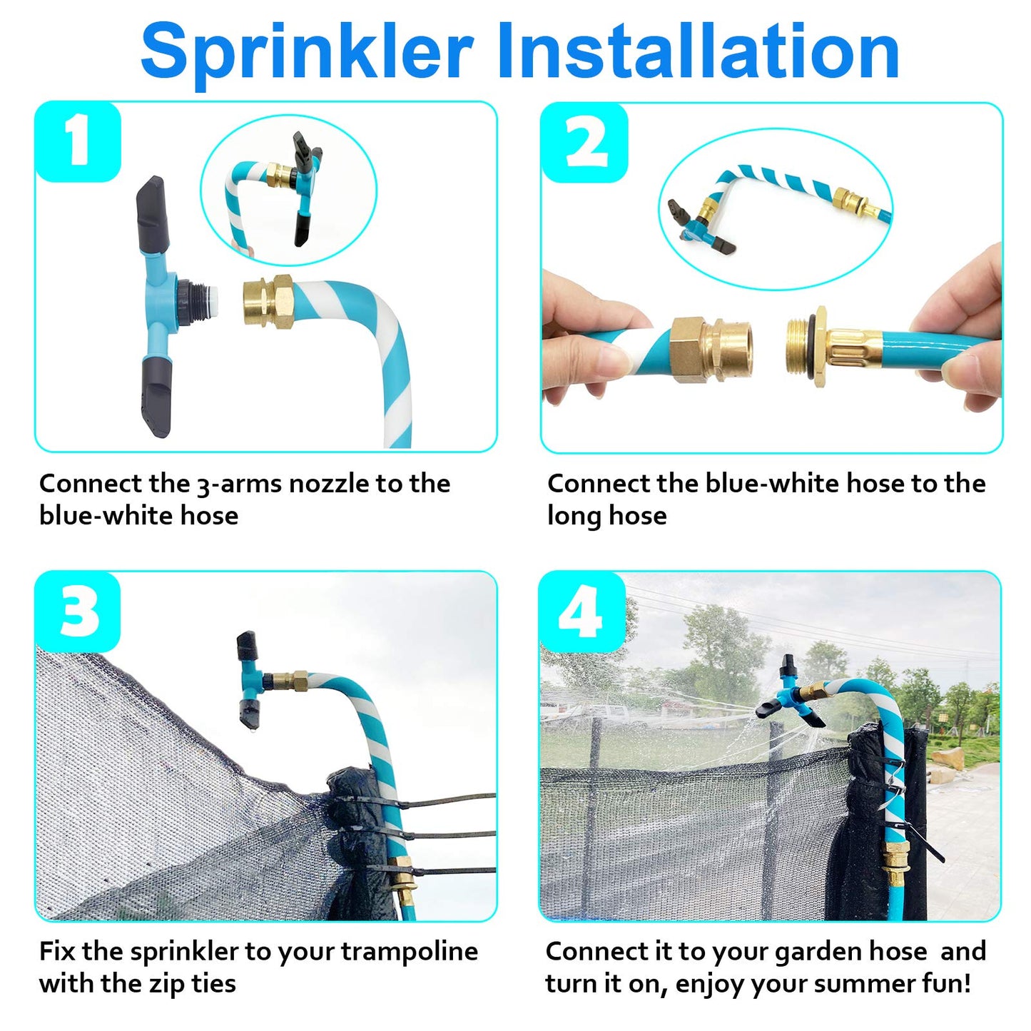 FCLLD Trampoline Sprinkler for Kids – 12 Nozzles, 3 Rotating Arms (Blue)