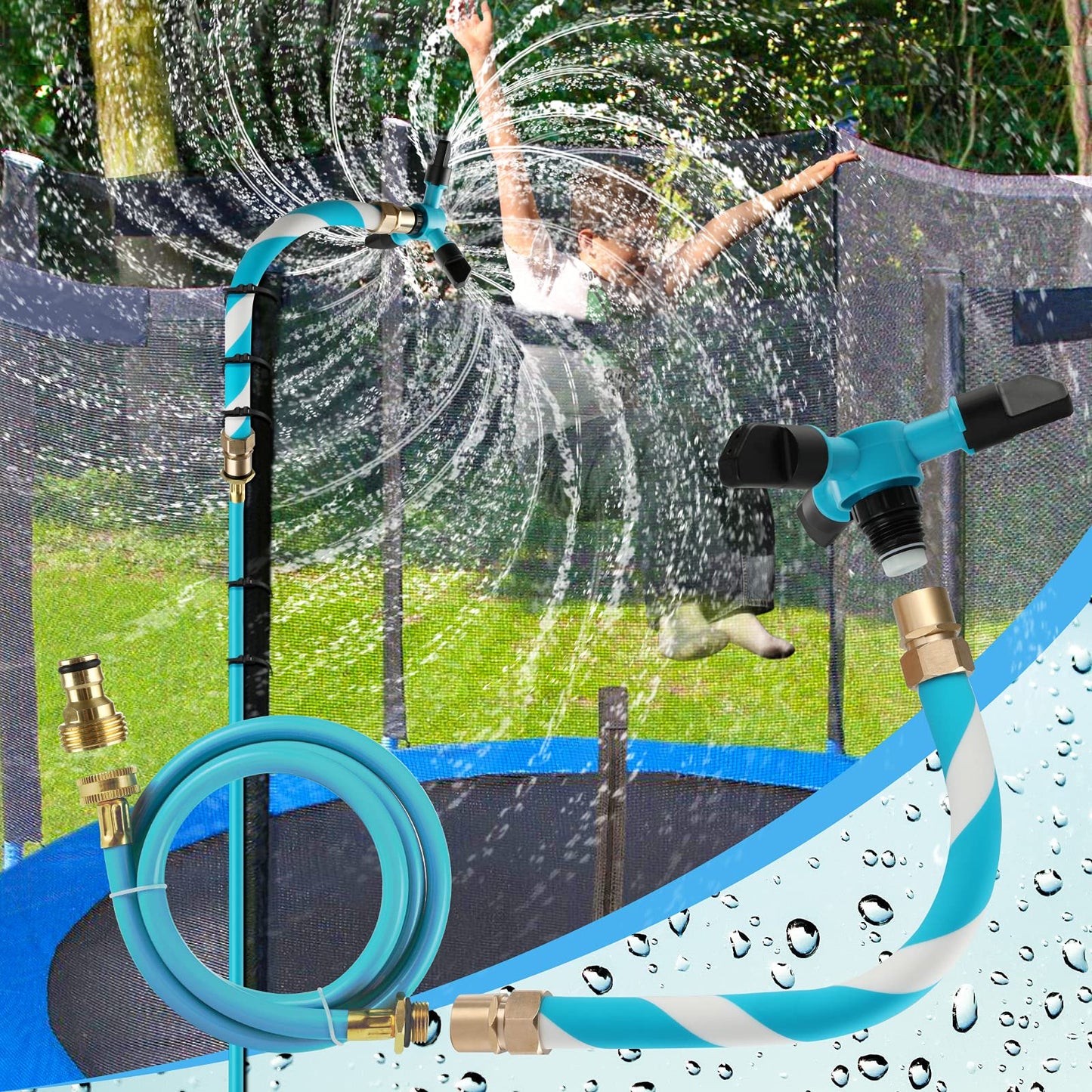 FCLLD Trampoline Sprinkler for Kids – 12 Nozzles, 3 Rotating Arms (Blue)
