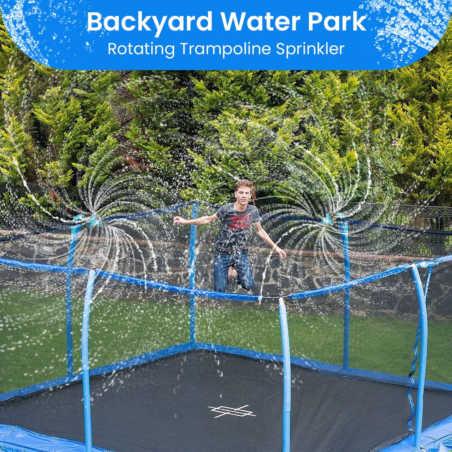 FCLLD Trampoline Sprinkler for Kids – 12 Nozzles, 3 Rotating Arms (Blue)
