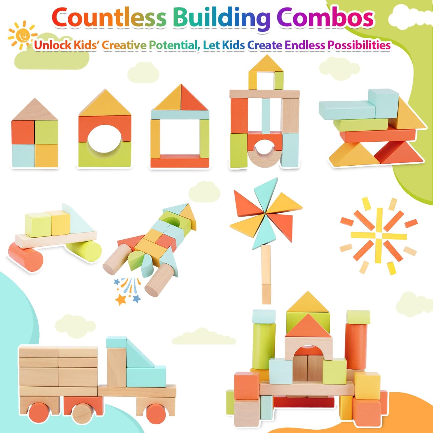 FCSONU 100 Pcs Wooden Building Blocks for Toddlers 1-3 – Sorting & Stacking with Storage