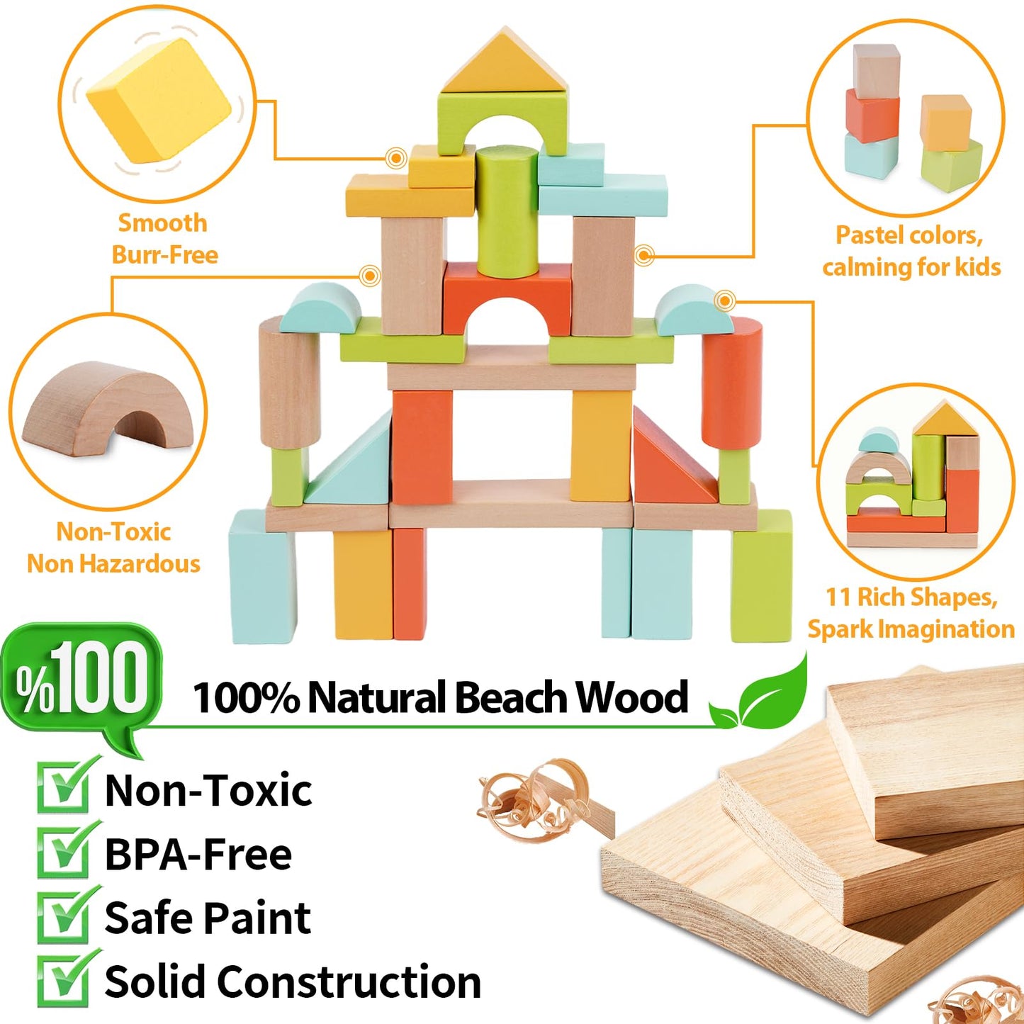 FCSONU 100 Pcs Wooden Building Blocks for Toddlers 1-3 – Sorting & Stacking with Storage