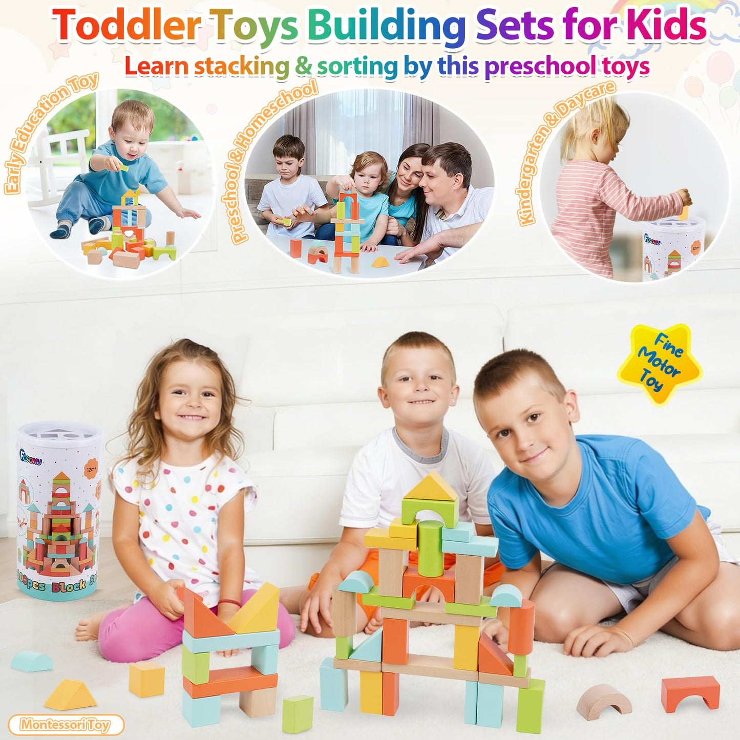 FCSONU 100 Pcs Wooden Building Blocks for Toddlers 1-3 – Sorting & Stacking with Storage