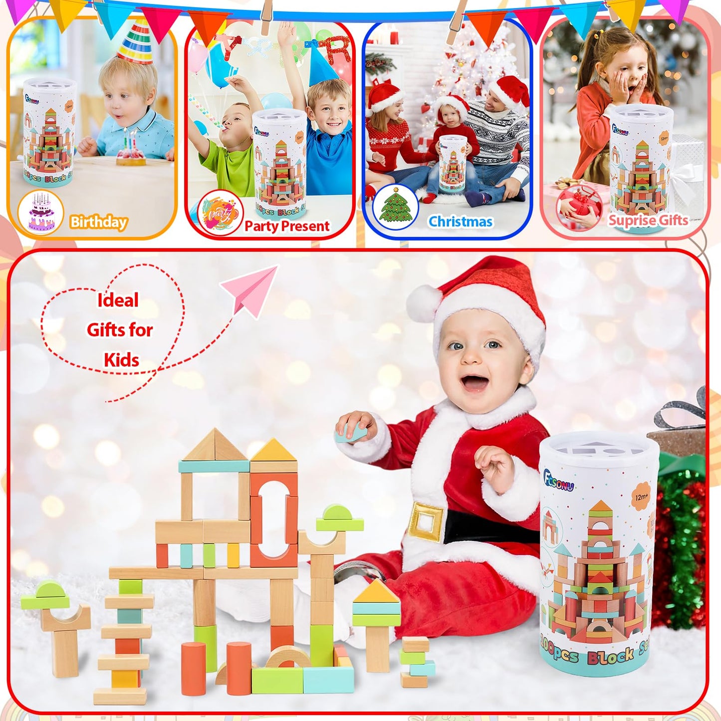 FCSONU 100 Pcs Wooden Building Blocks for Toddlers 1-3 – Sorting & Stacking with Storage
