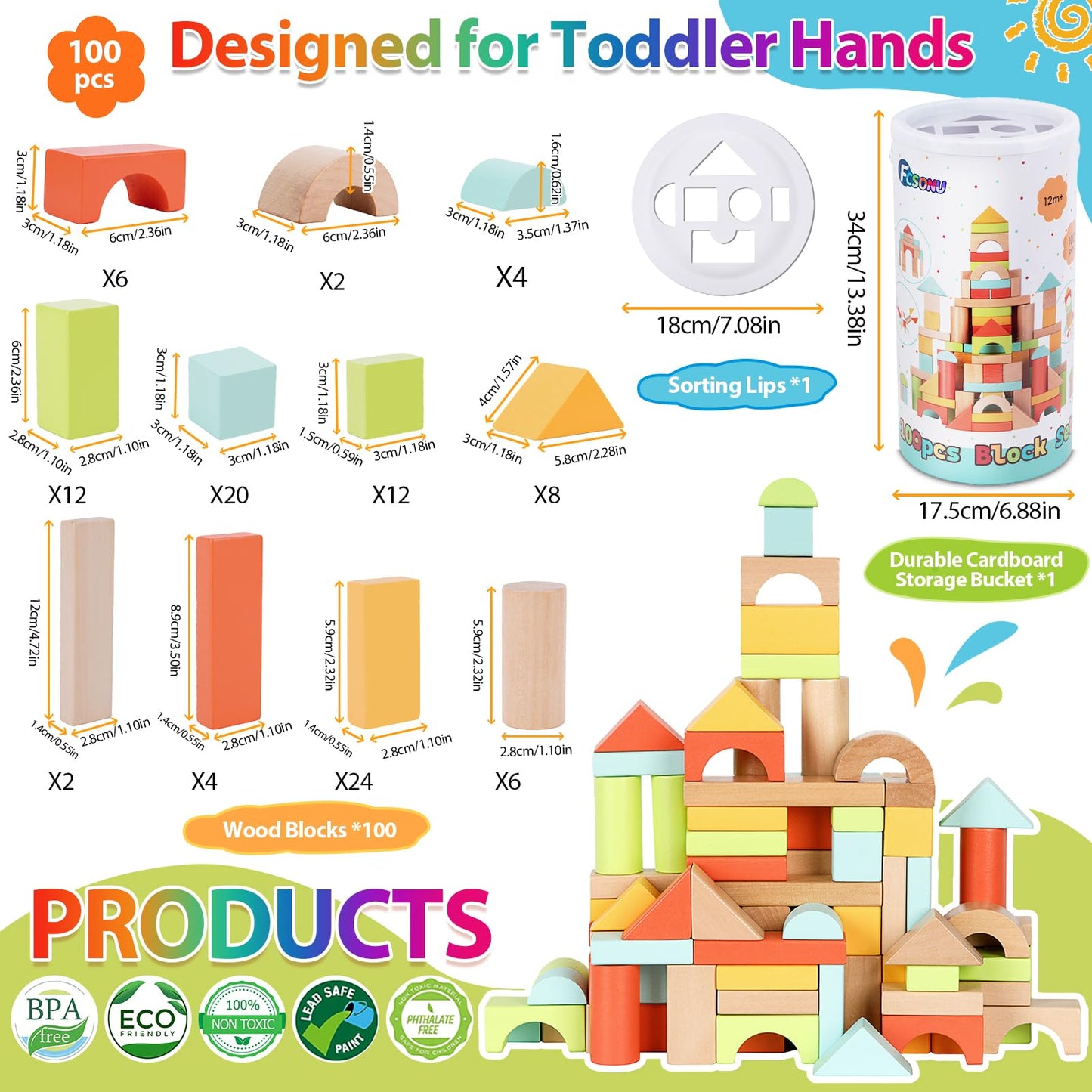 FCSONU 100 Pcs Wooden Building Blocks for Toddlers 1-3 – Sorting & Stacking with Storage