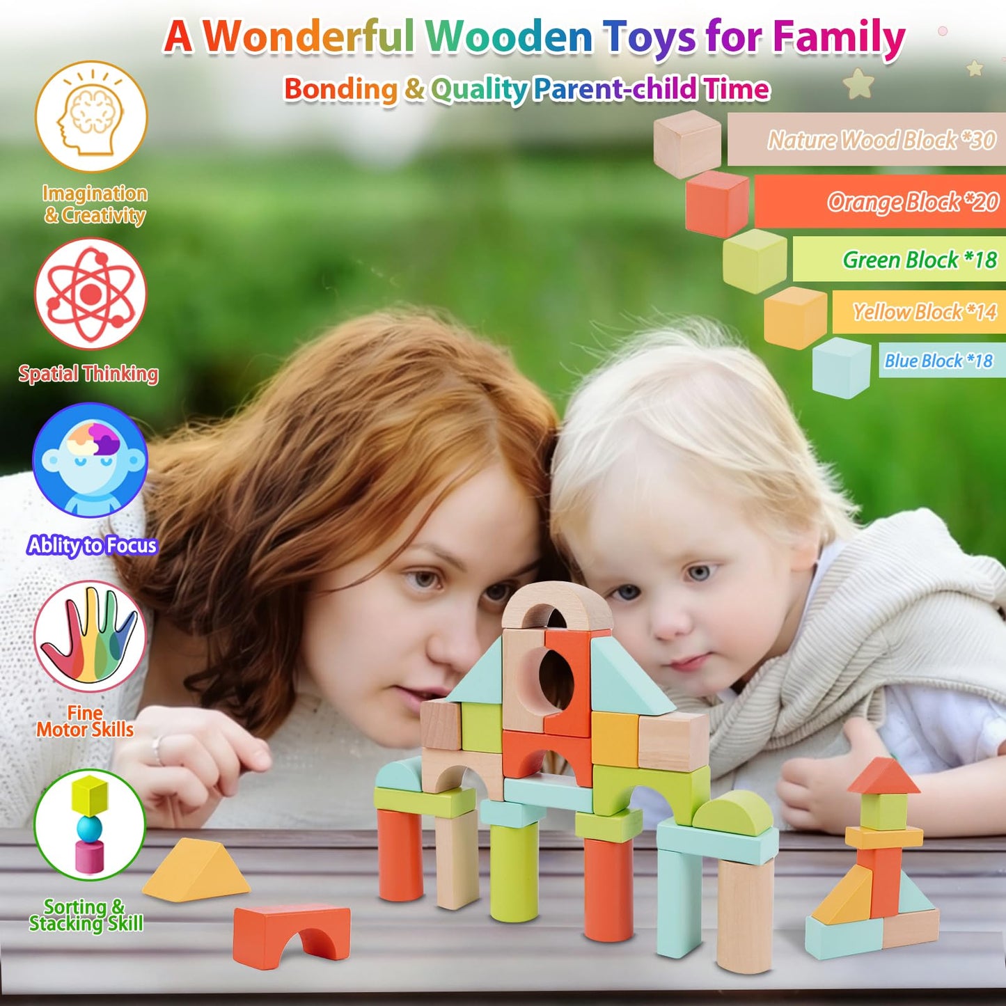 FCSONU 100 Pcs Wooden Building Blocks for Toddlers 1-3 – Sorting & Stacking with Storage