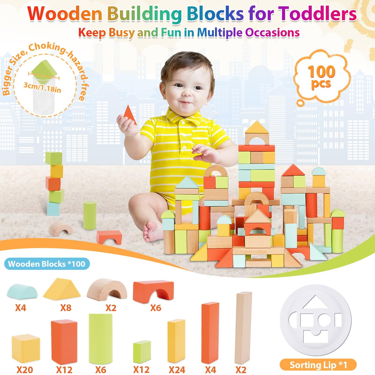 FCSONU 100 Pcs Wooden Building Blocks for Toddlers 1-3 – Sorting & Stacking with Storage