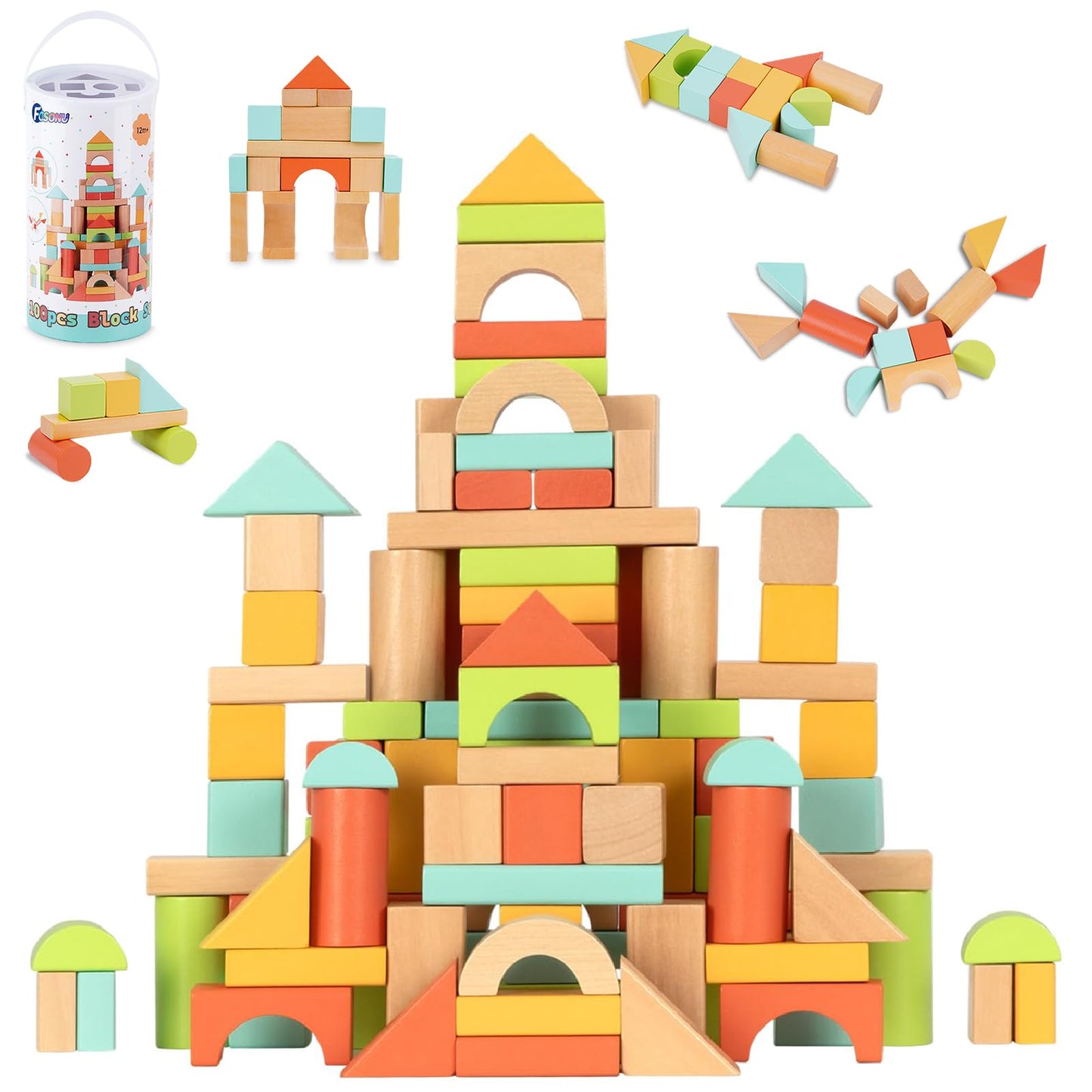 FCSONU 100 Pcs Wooden Building Blocks for Toddlers 1-3 – Sorting & Stacking with Storage