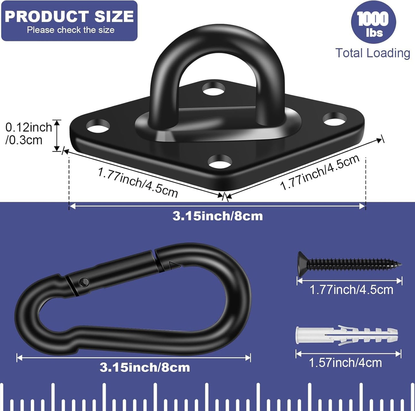 Feanron Hammock Hooks 2 Pack – Heavy Duty Hanging Kit, 1000 Lbs Capacity, M8 Pad Eye, Black