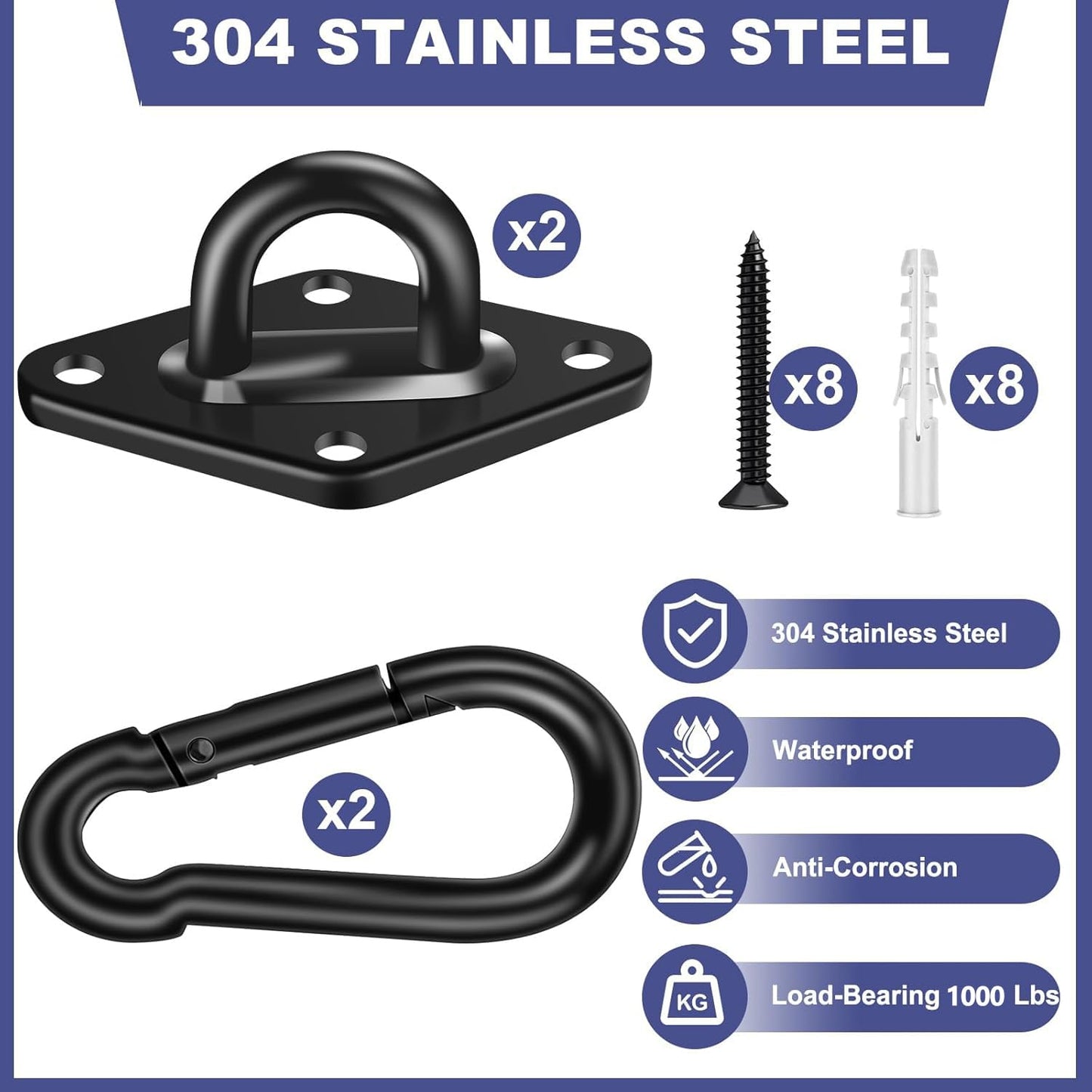 Feanron Hammock Hooks 2 Pack – Heavy Duty Hanging Kit, 1000 Lbs Capacity, M8 Pad Eye, Black