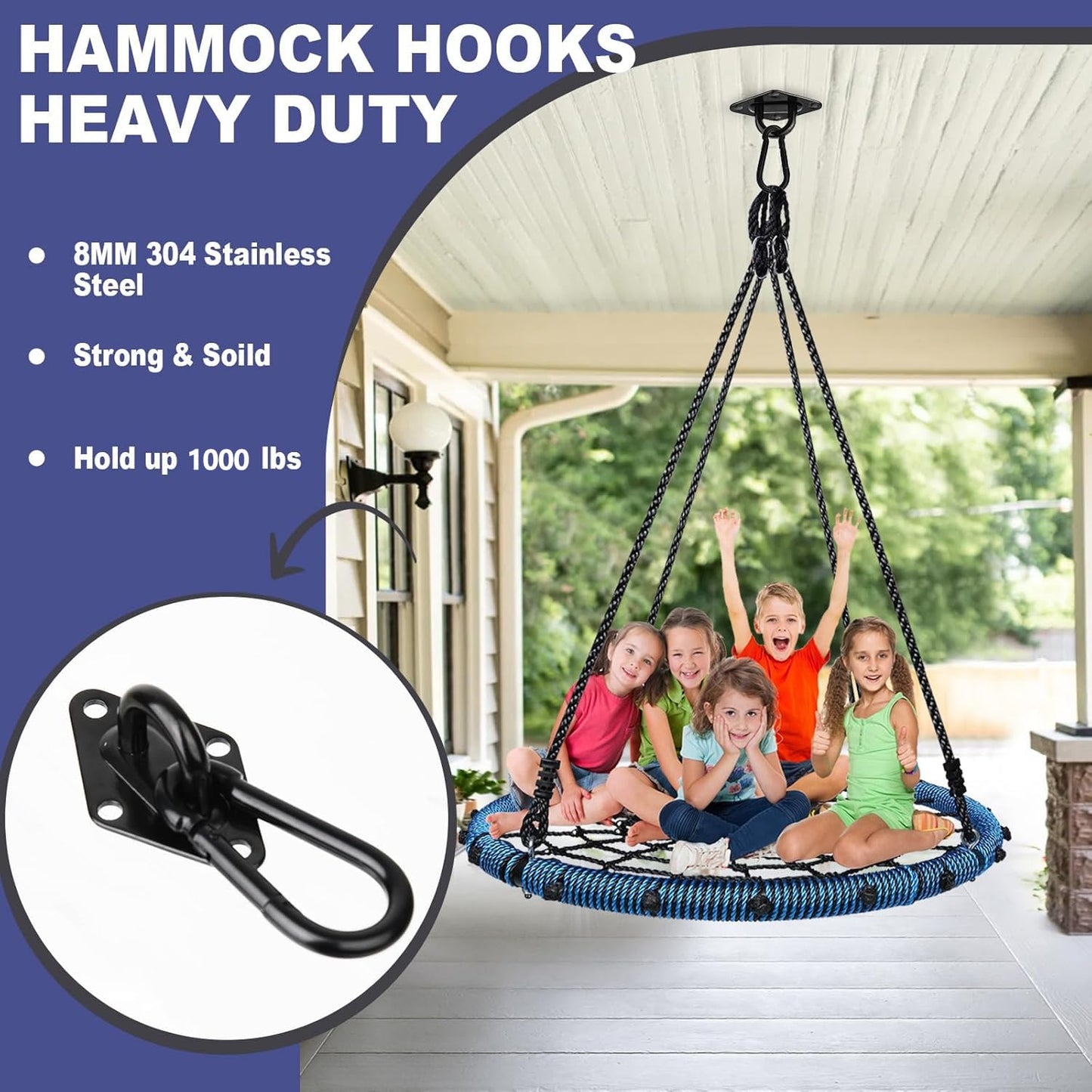 Feanron Hammock Hooks 2 Pack – Heavy Duty Hanging Kit, 1000 Lbs Capacity, M8 Pad Eye, Black