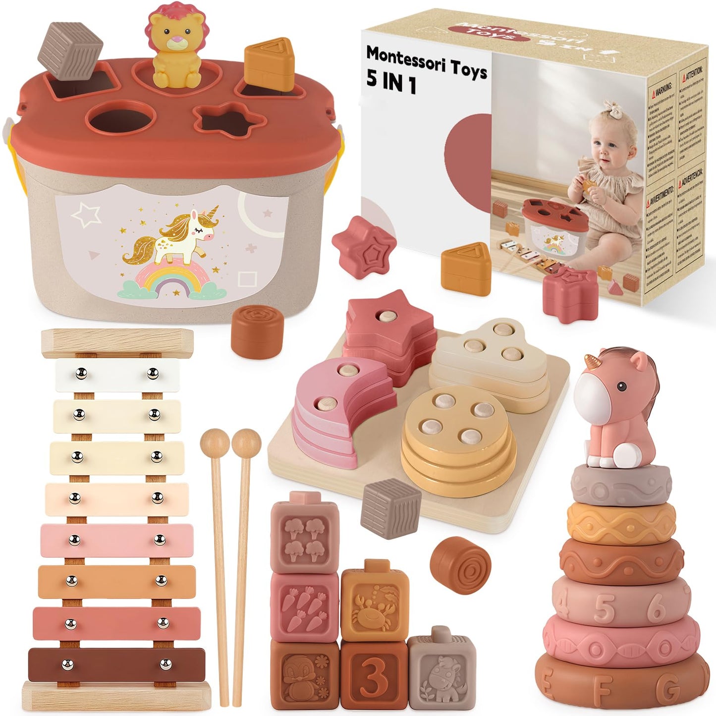 FEBALHS Montessori Toys for 6-12 Months – 5-in-1 Sensory Set with Blocks, Ring Stackers & Xylophone