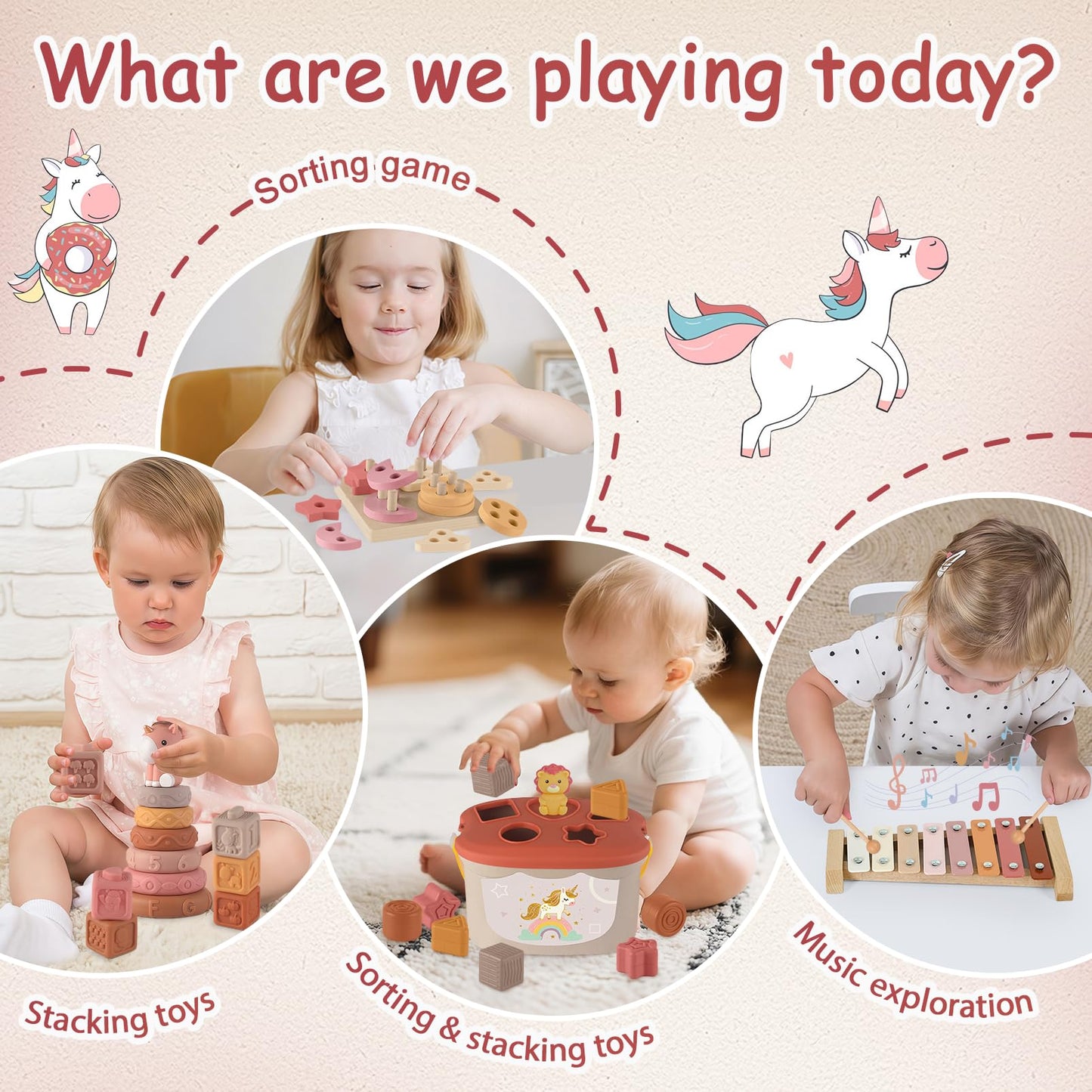 FEBALHS Montessori Toys for 6-12 Months – 5-in-1 Sensory Set with Blocks, Ring Stackers & Xylophone