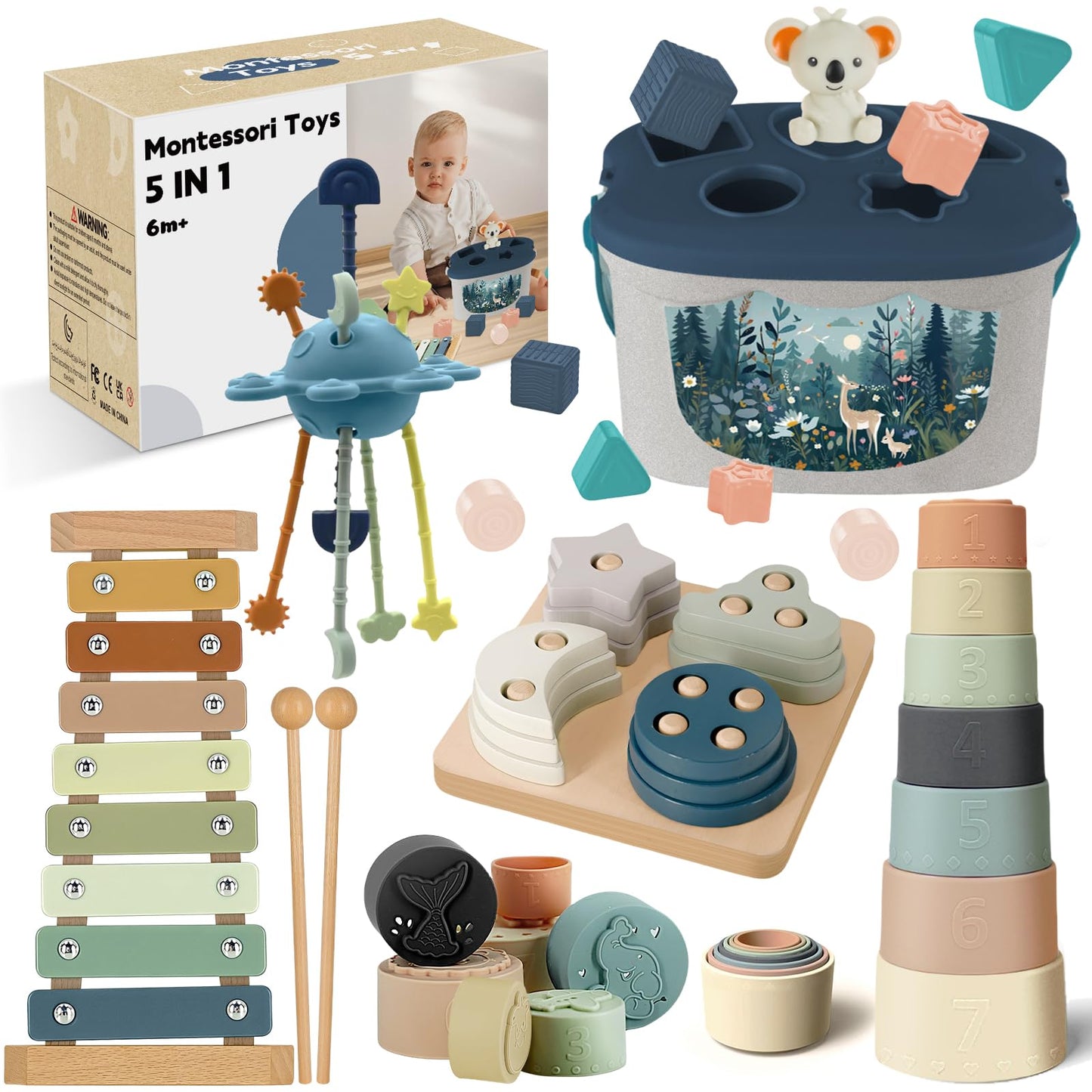 FEBALHS Montessori Toys 6-24 Months – 5-in-1 Baby Toys Set with Shape Sorter, Cups, Pull String & Xylophone