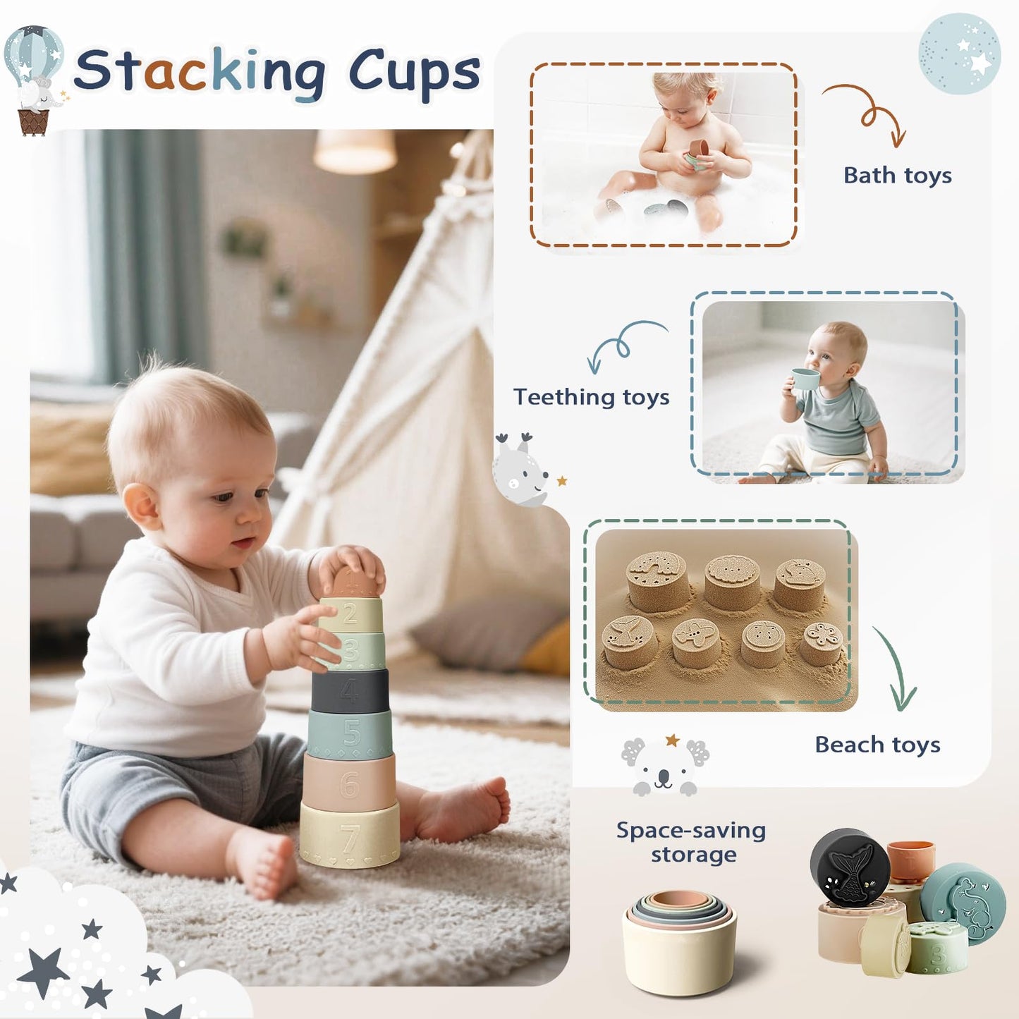 FEBALHS Montessori Toys 6-24 Months – 5-in-1 Baby Toys Set with Shape Sorter, Cups, Pull String & Xylophone