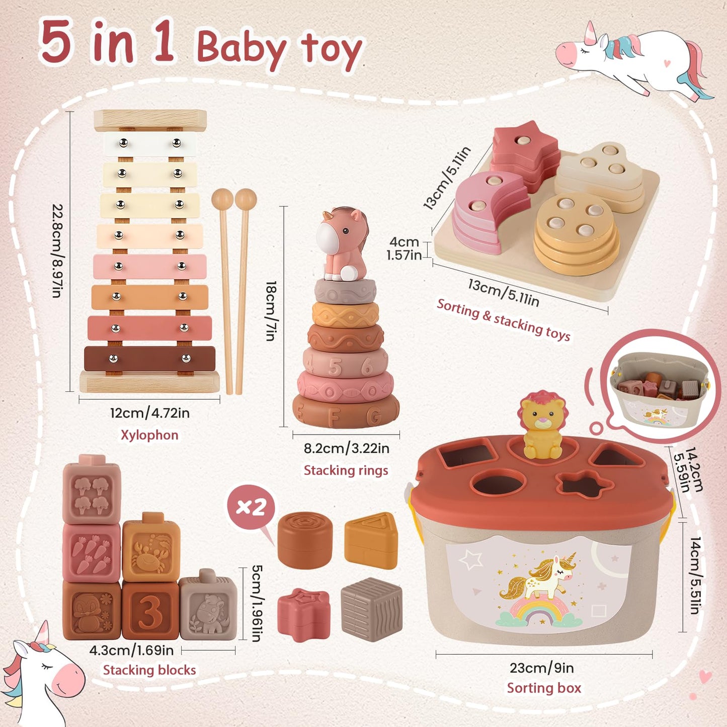 FEBALHS Montessori Toys for 6-12 Months – 5-in-1 Sensory Set with Blocks, Ring Stackers & Xylophone