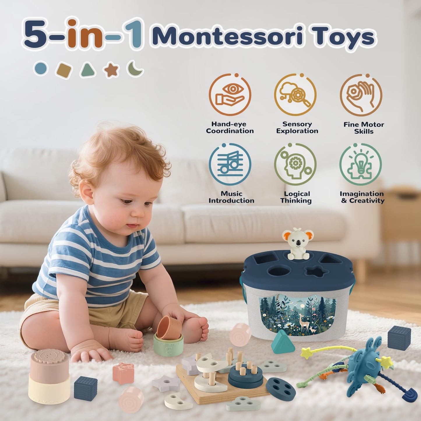 FEBALHS Montessori Toys 6-24 Months – 5-in-1 Baby Toys Set with Shape Sorter, Cups, Pull String & Xylophone