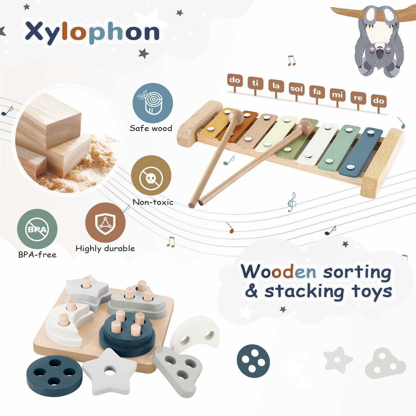 FEBALHS Montessori Toys 6-24 Months – 5-in-1 Baby Toys Set with Shape Sorter, Cups, Pull String & Xylophone