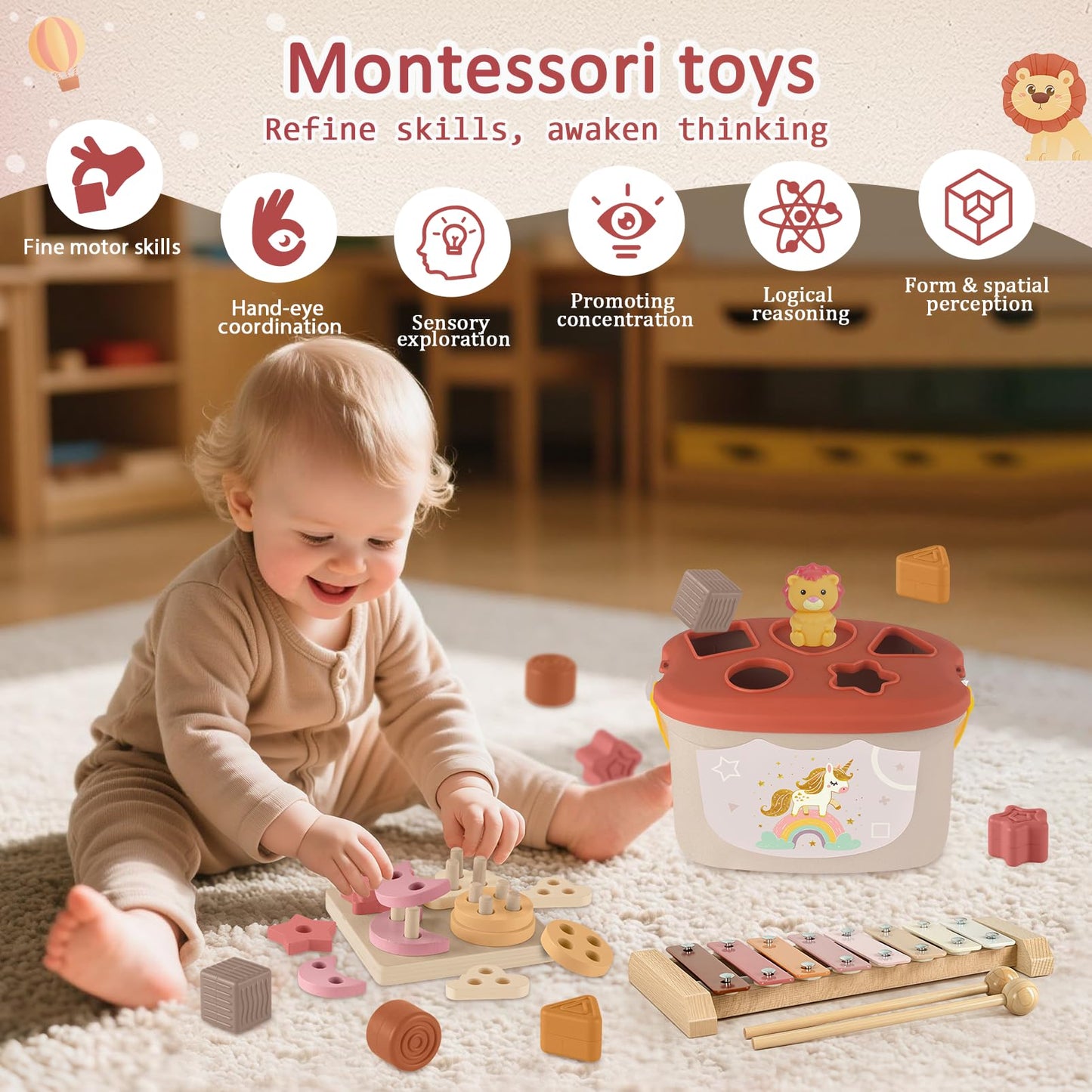 FEBALHS Montessori Toys for 6-12 Months – 5-in-1 Sensory Set with Blocks, Ring Stackers & Xylophone