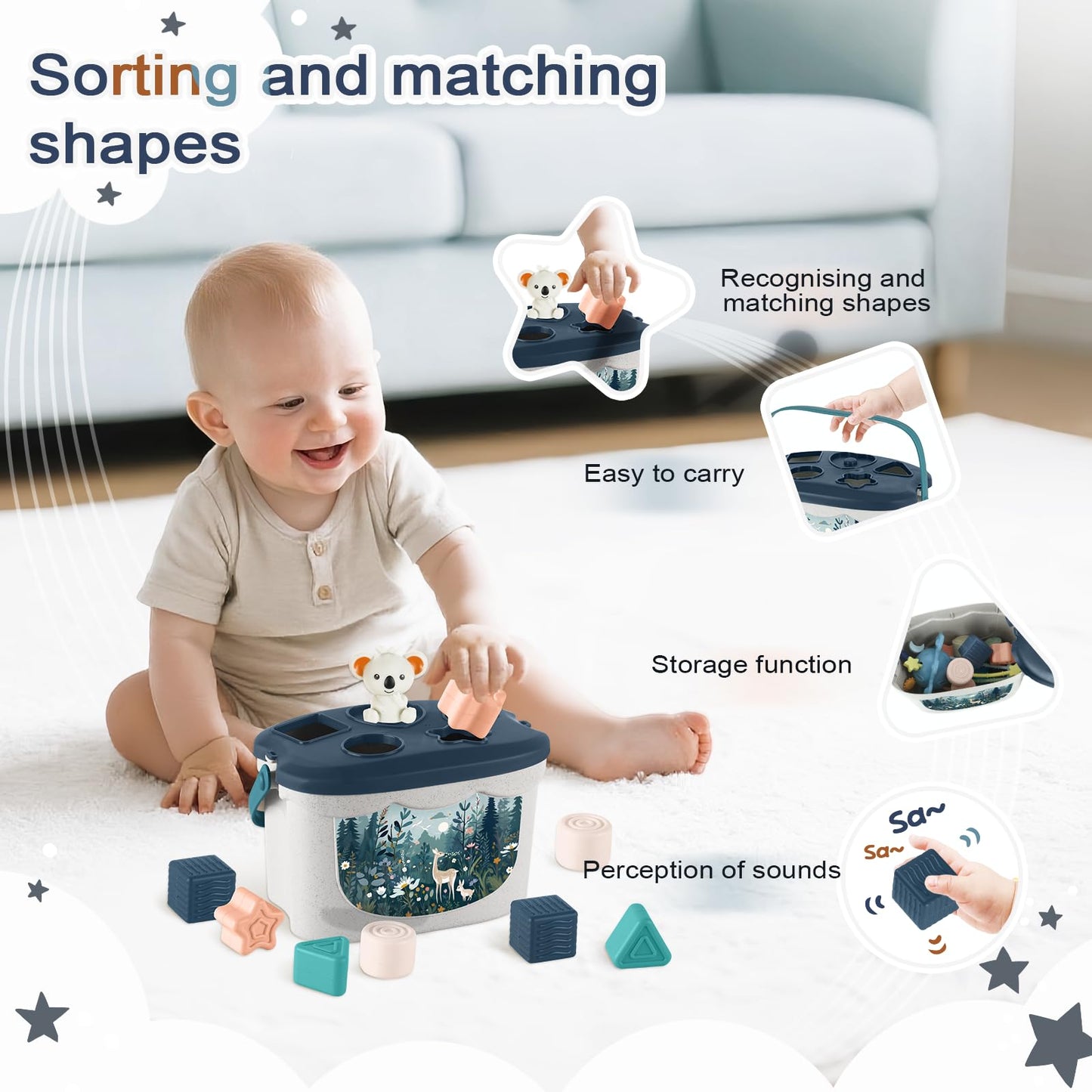 FEBALHS Montessori Toys 6-24 Months – 5-in-1 Baby Toys Set with Shape Sorter, Cups, Pull String & Xylophone