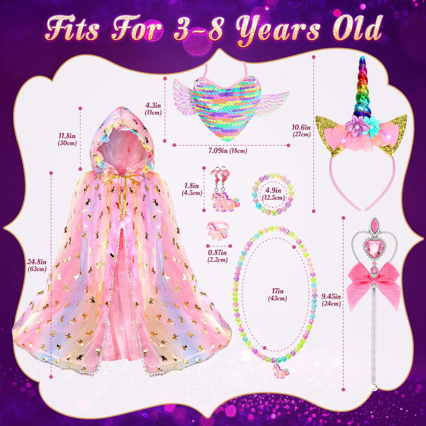 Fedio Princess Dress Up Set – Light Up Unicorn Cape & Accessories for Girls 3-8