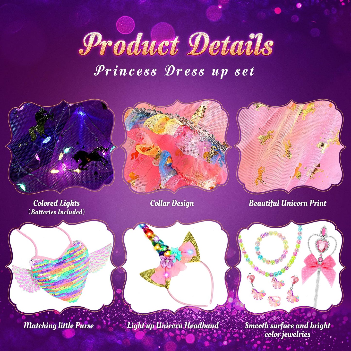Fedio Princess Dress Up Set – Light Up Unicorn Cape & Accessories for Girls 3-8