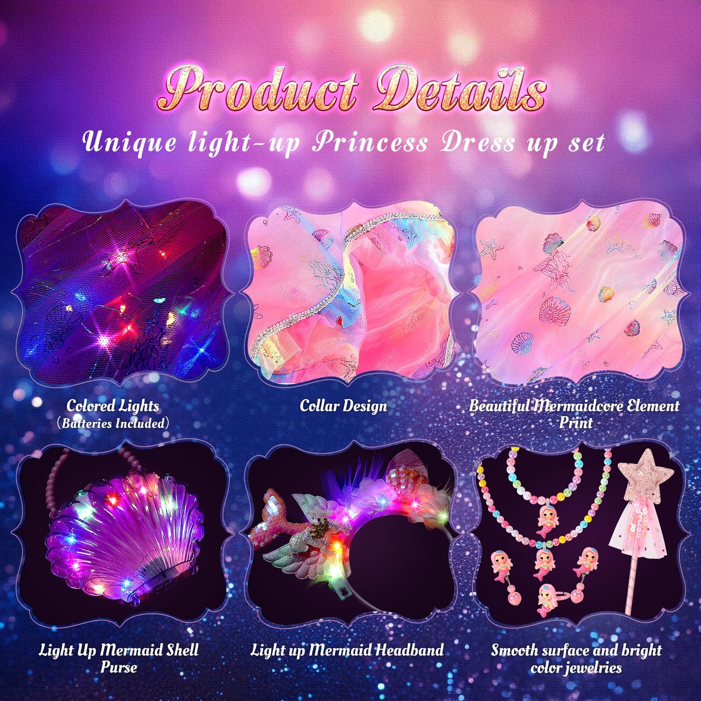 Fedio Mermaid Light Up Princess Cape Set – Dress Up Toys for Girls 3-8