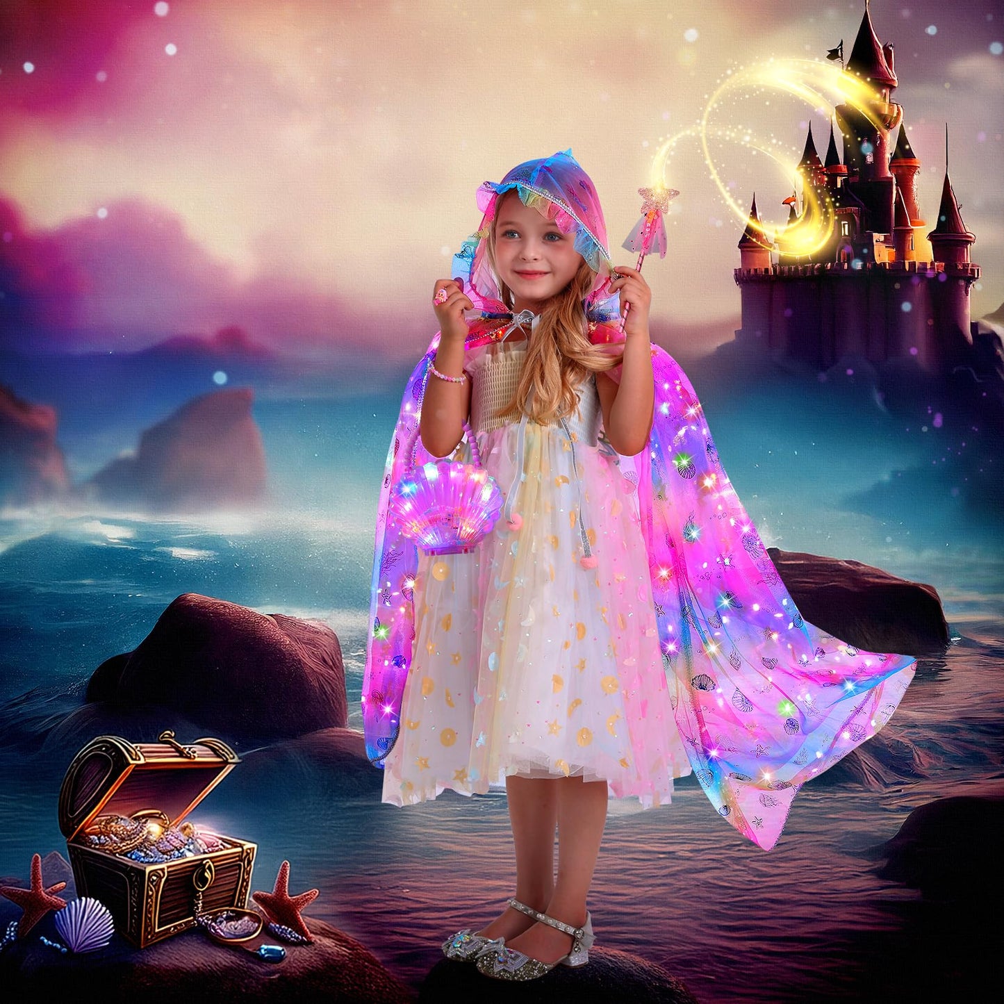 Fedio Mermaid Light Up Princess Cape Set – Dress Up Toys for Girls 3-8