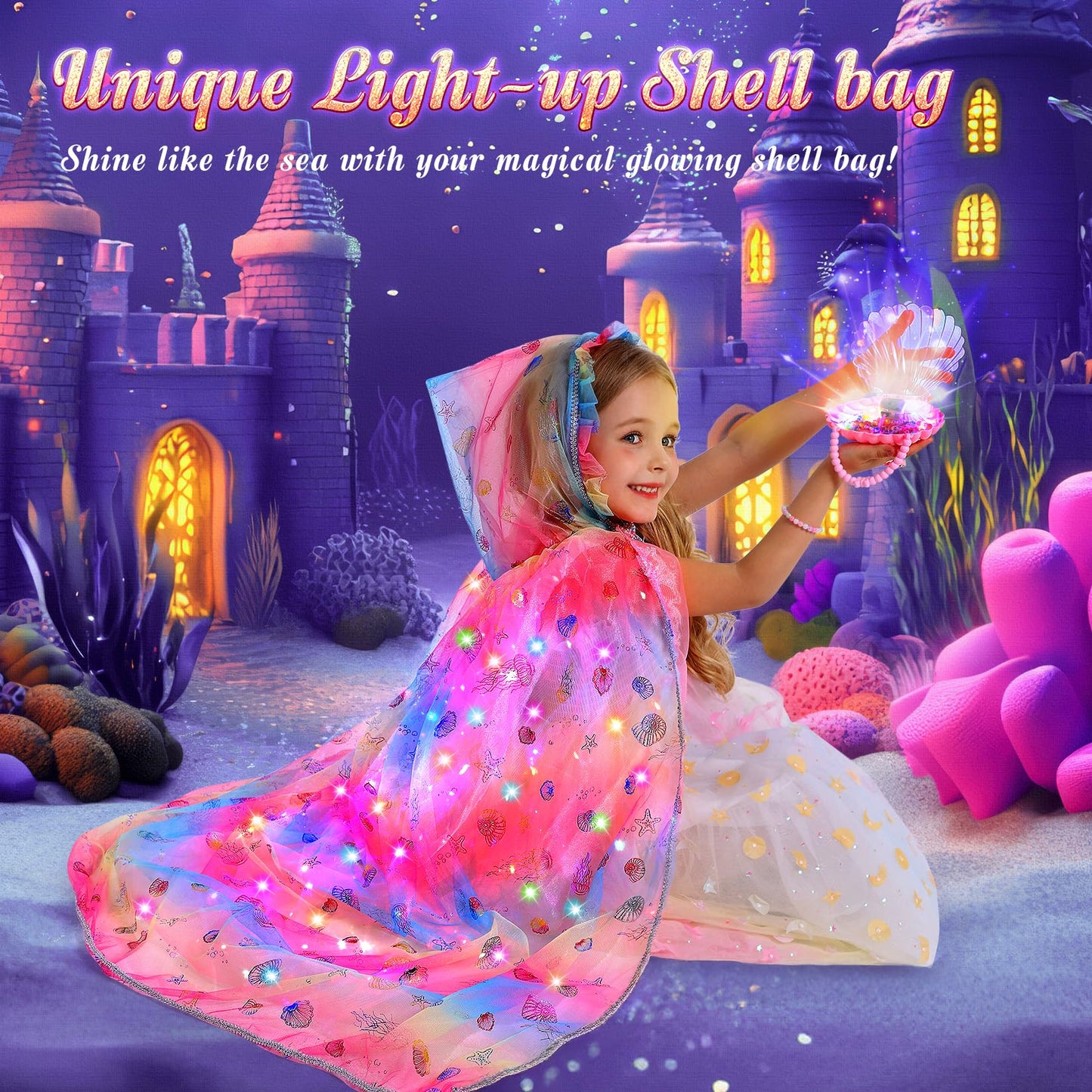 Fedio Mermaid Light Up Princess Cape Set – Dress Up Toys for Girls 3-8