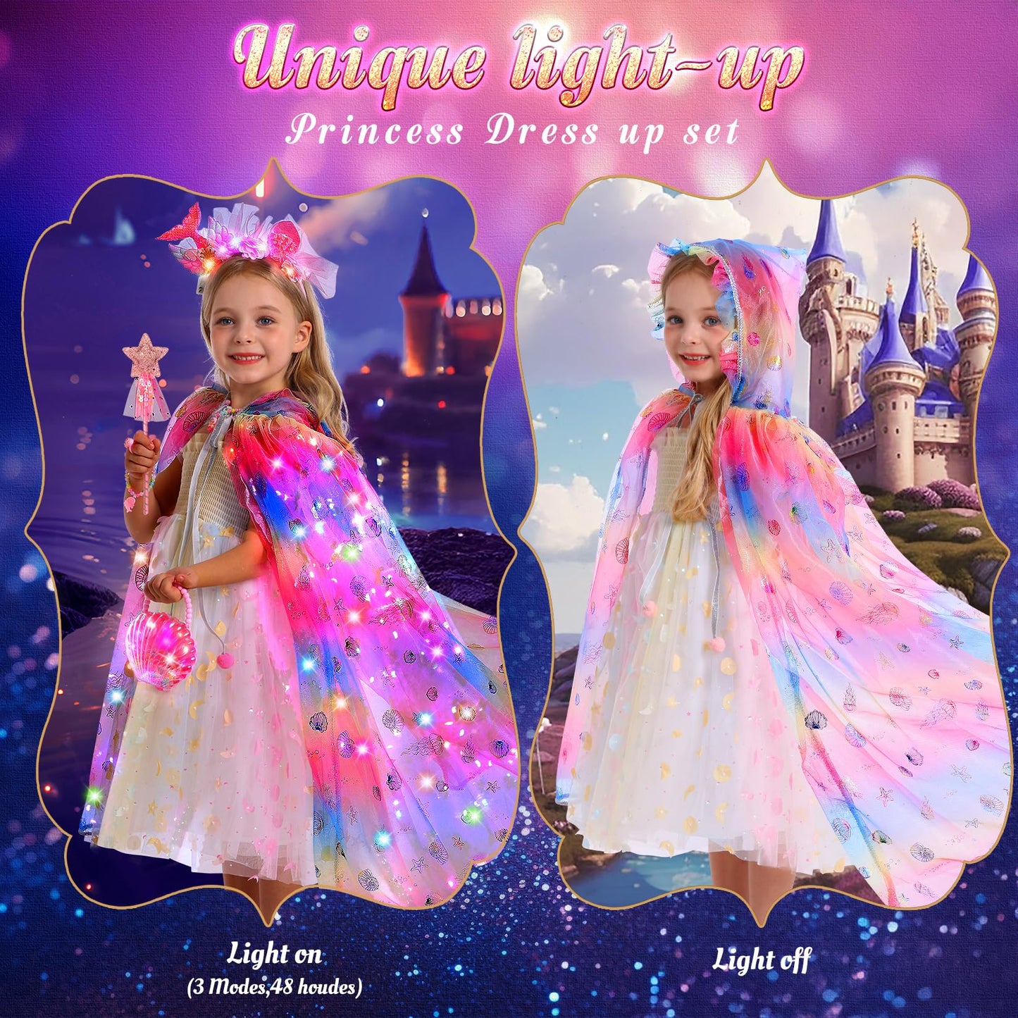 Fedio Mermaid Light Up Princess Cape Set – Dress Up Toys for Girls 3-8