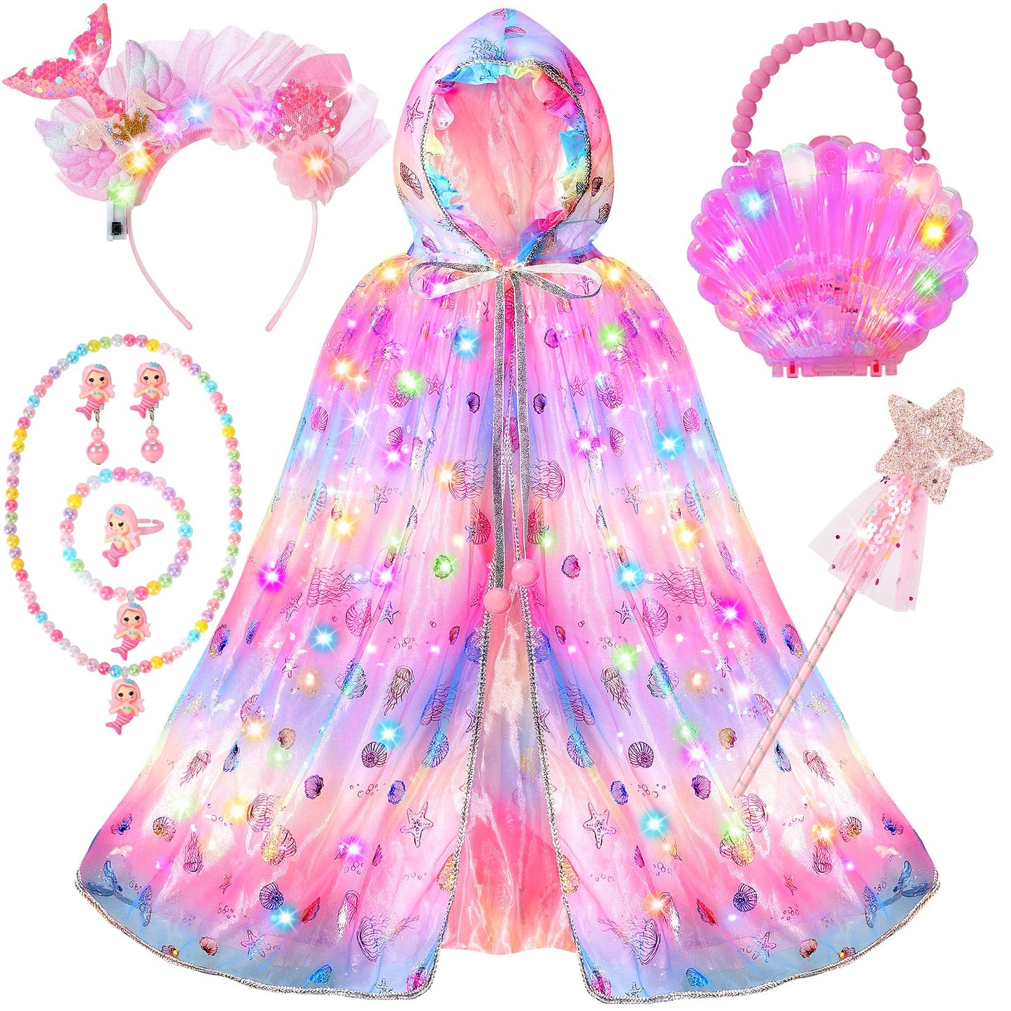 Fedio Mermaid Light Up Princess Cape Set – Dress Up Toys for Girls 3-8