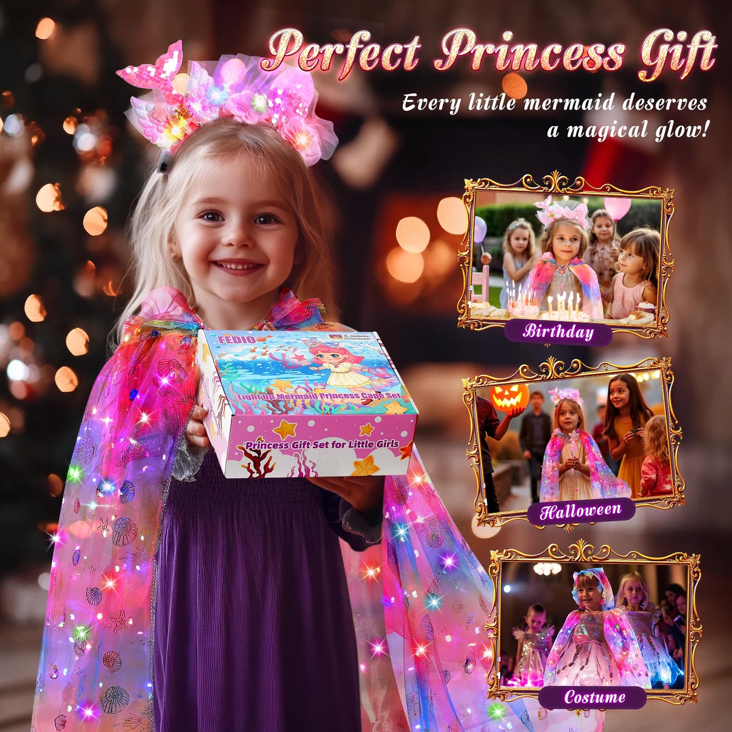 Fedio Mermaid Light Up Princess Cape Set – Dress Up Toys for Girls 3-8